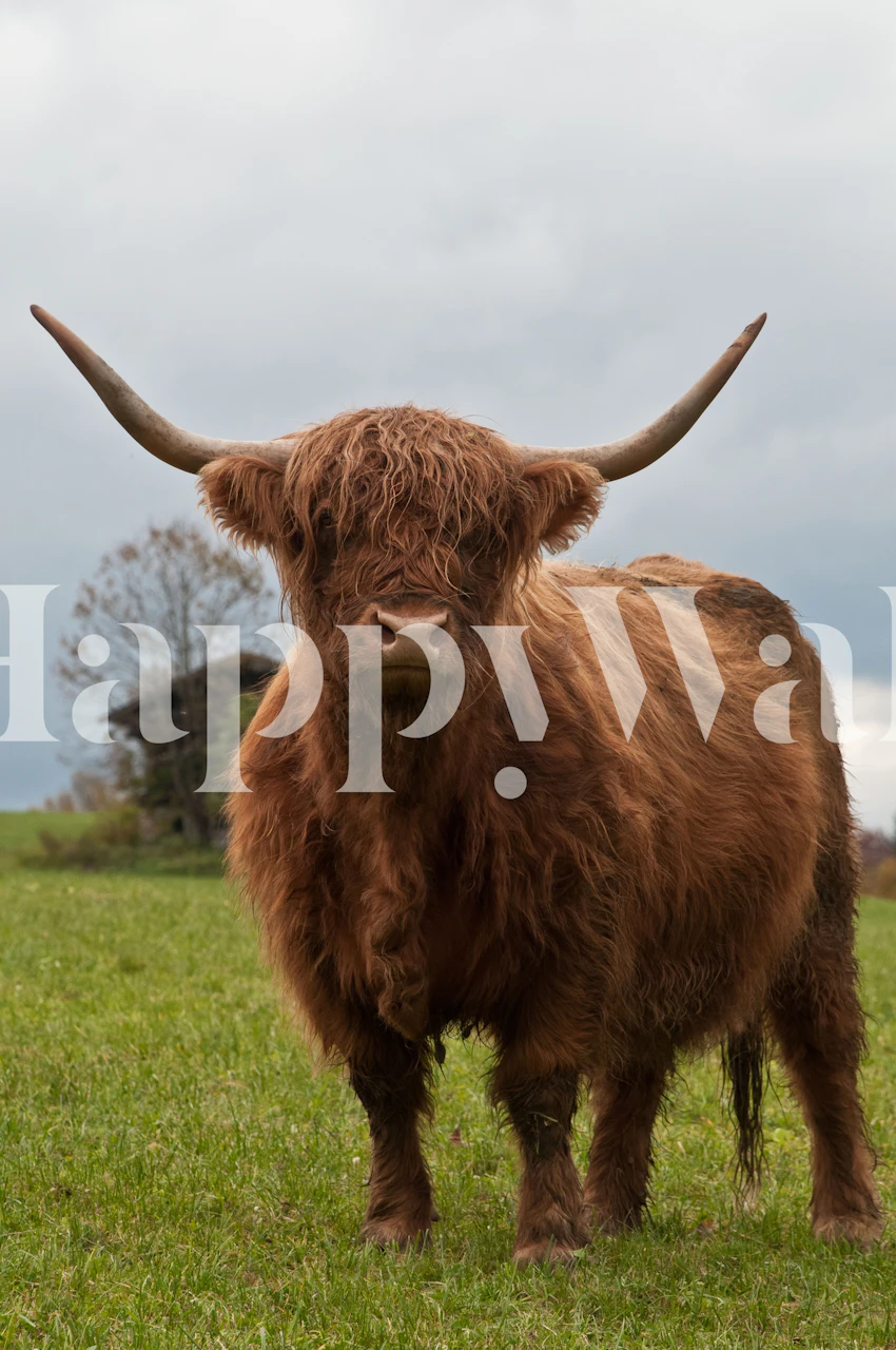 Highland cow on green grass with brown and grey tones wallpaper