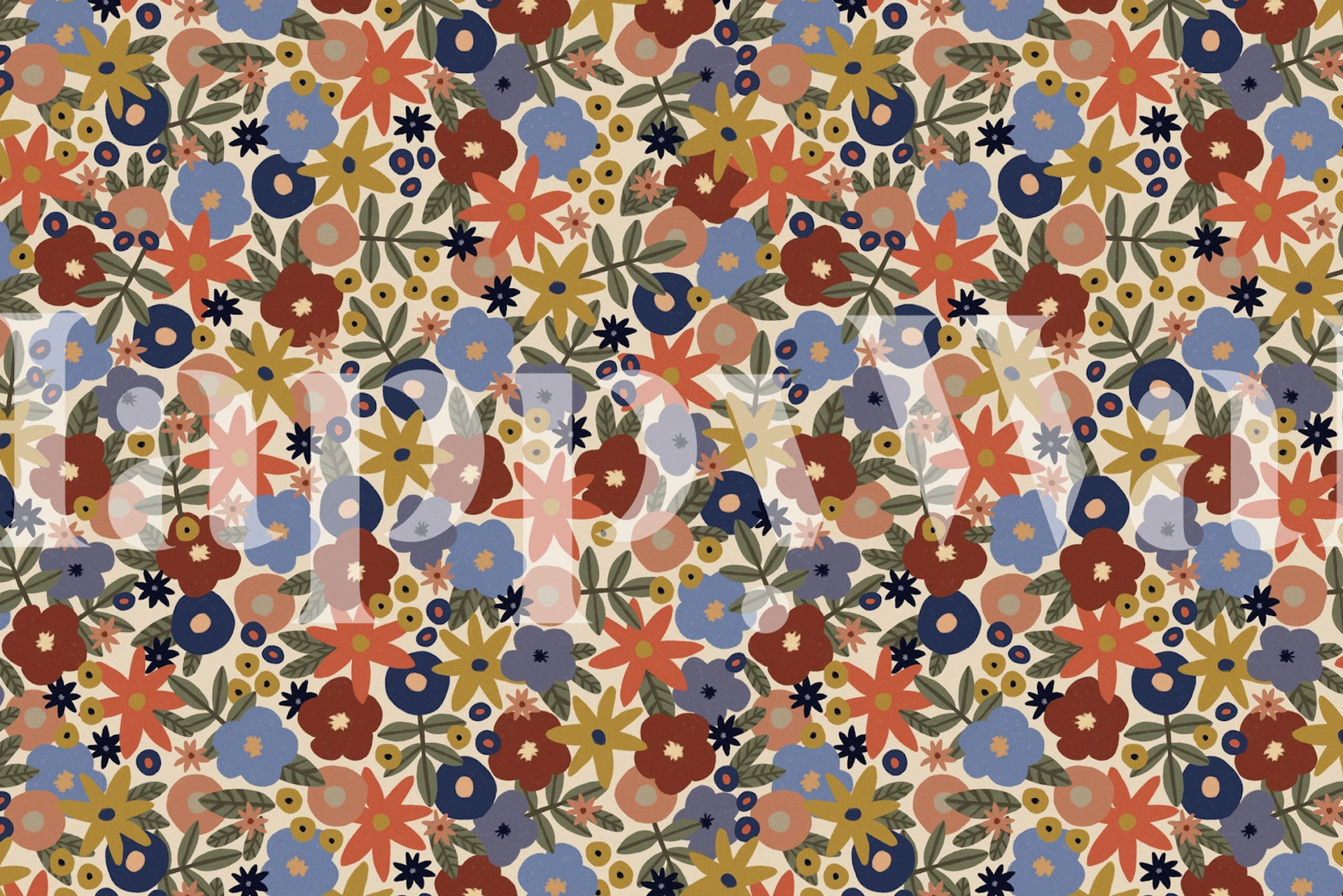 Colorful floral pattern wallpaper with red, blue, yellow flowers and green leaves