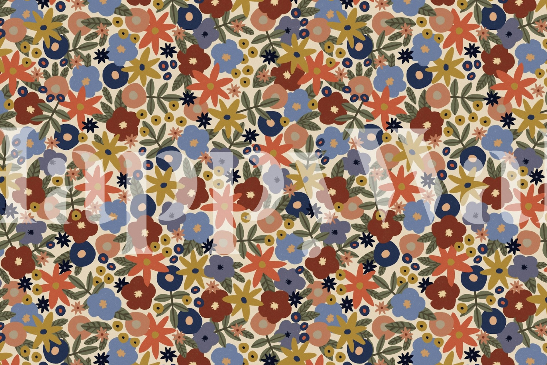 Colorful floral pattern wallpaper with red, blue, yellow flowers and green leaves