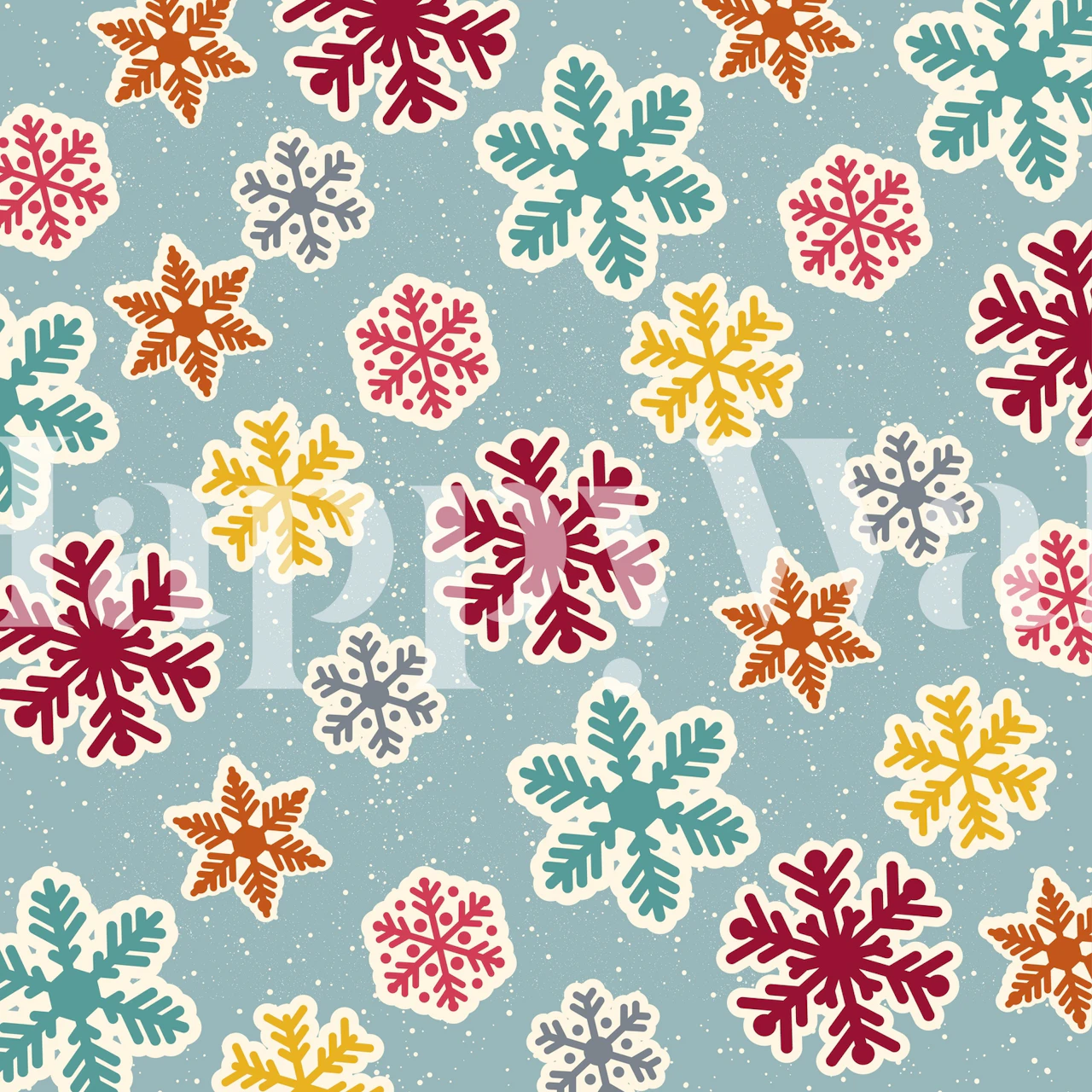 Mid Century Snowflakes wall mural with red, orange, and blue snowflakes on a pale blue background
