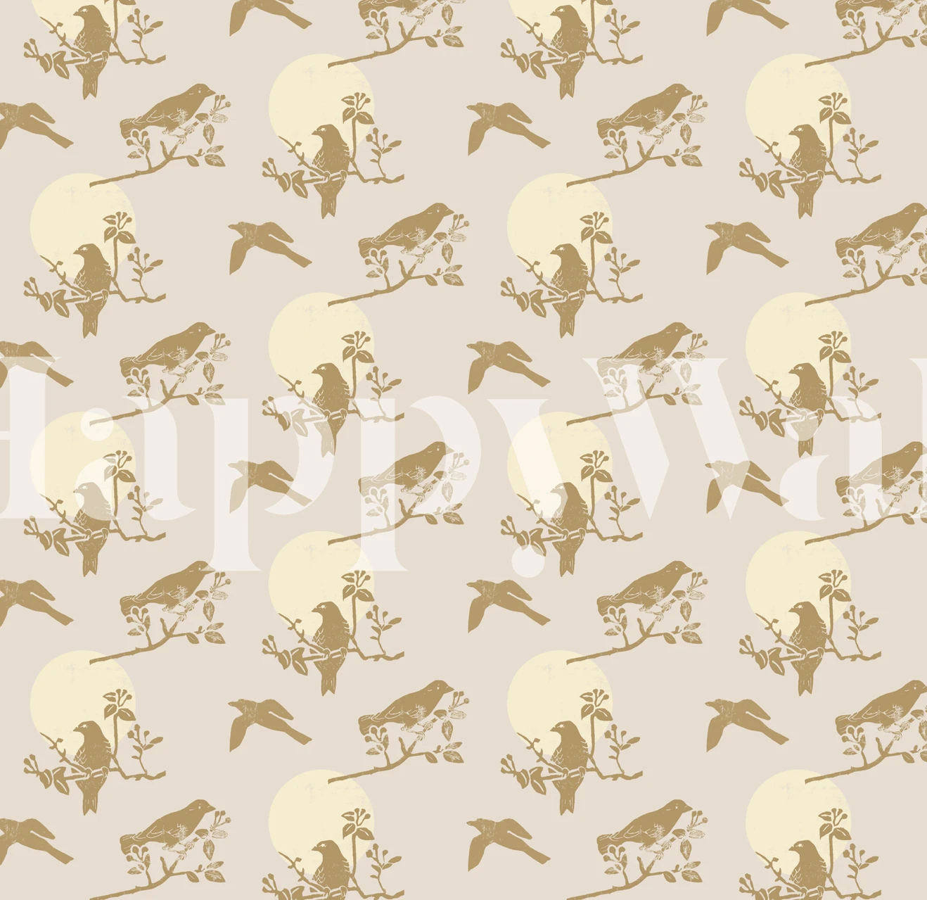 Elegant birds and moons in soft beige tones wallpaper