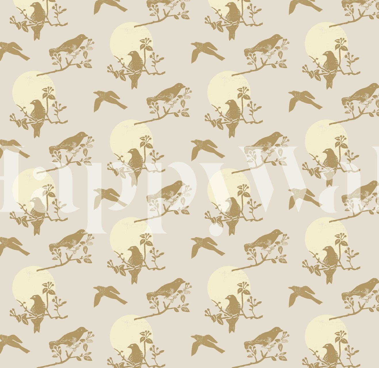 Elegant birds and moons in soft beige tones wallpaper