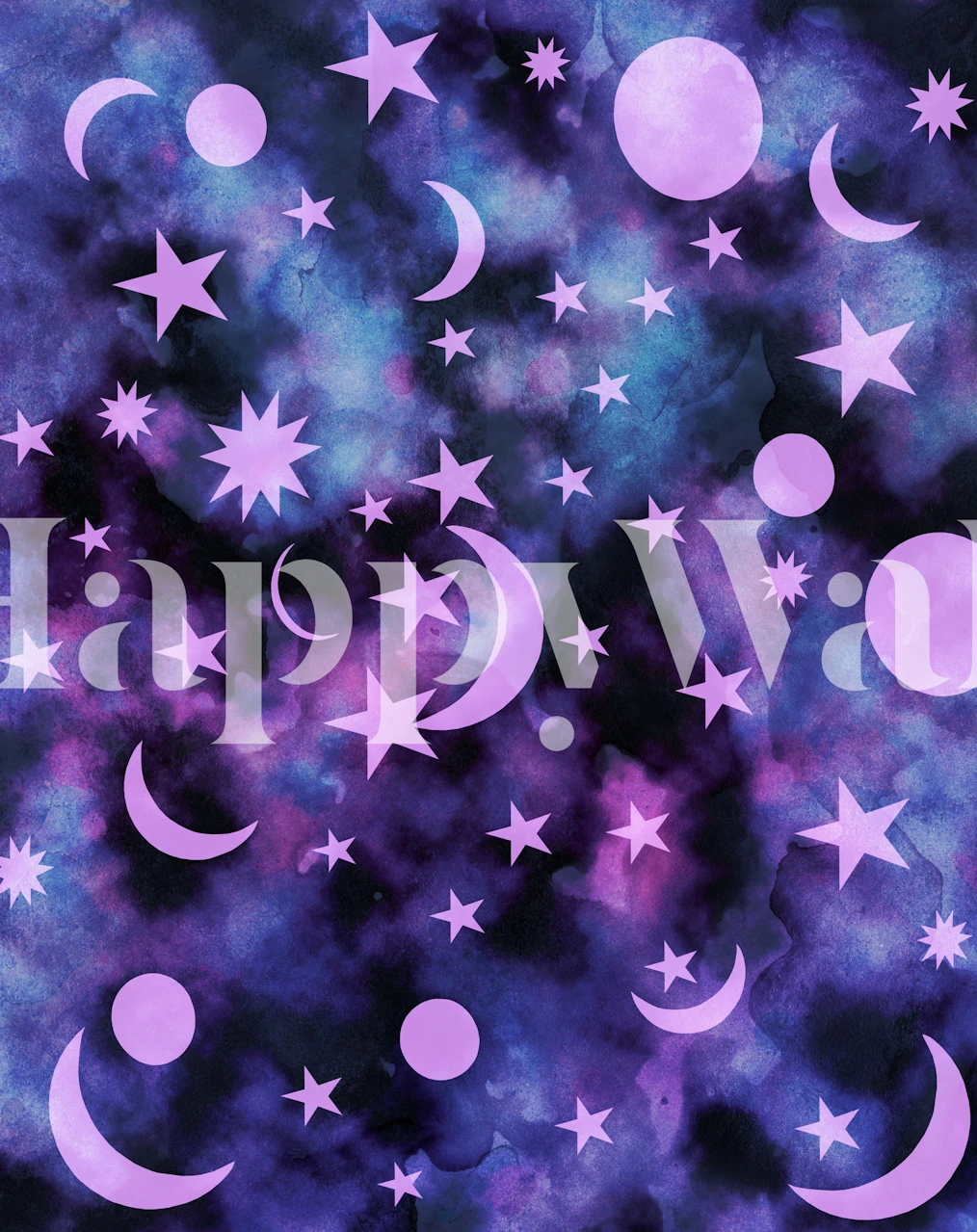 Starry night sky wall mural with moons and stars in purple shades.