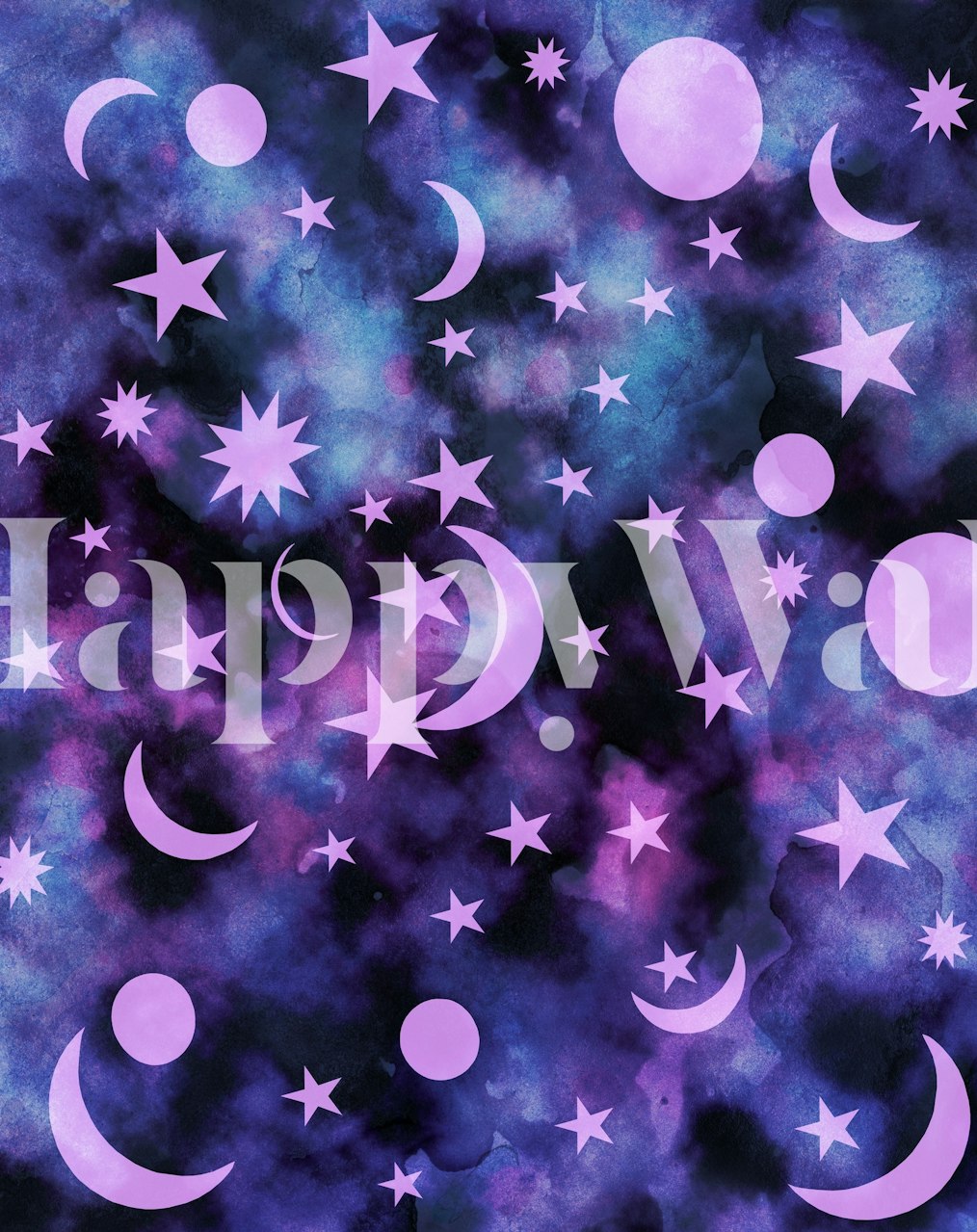 Starry night sky wall mural with moons and stars in purple shades.