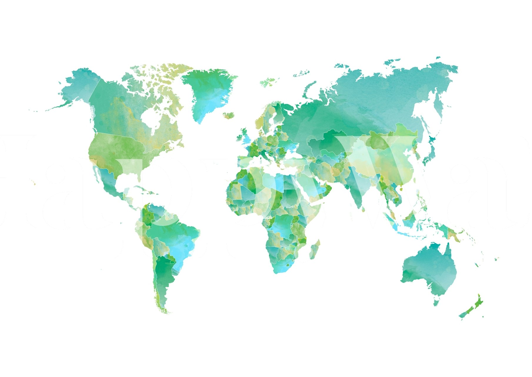 Colorful world map in green and blue watercolor wallpaper.