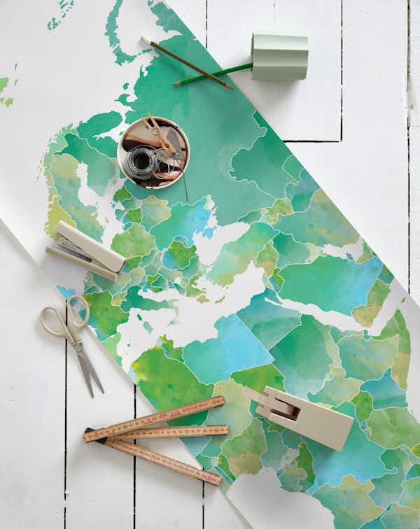 World Map In Green and Blue wallpaper roll
