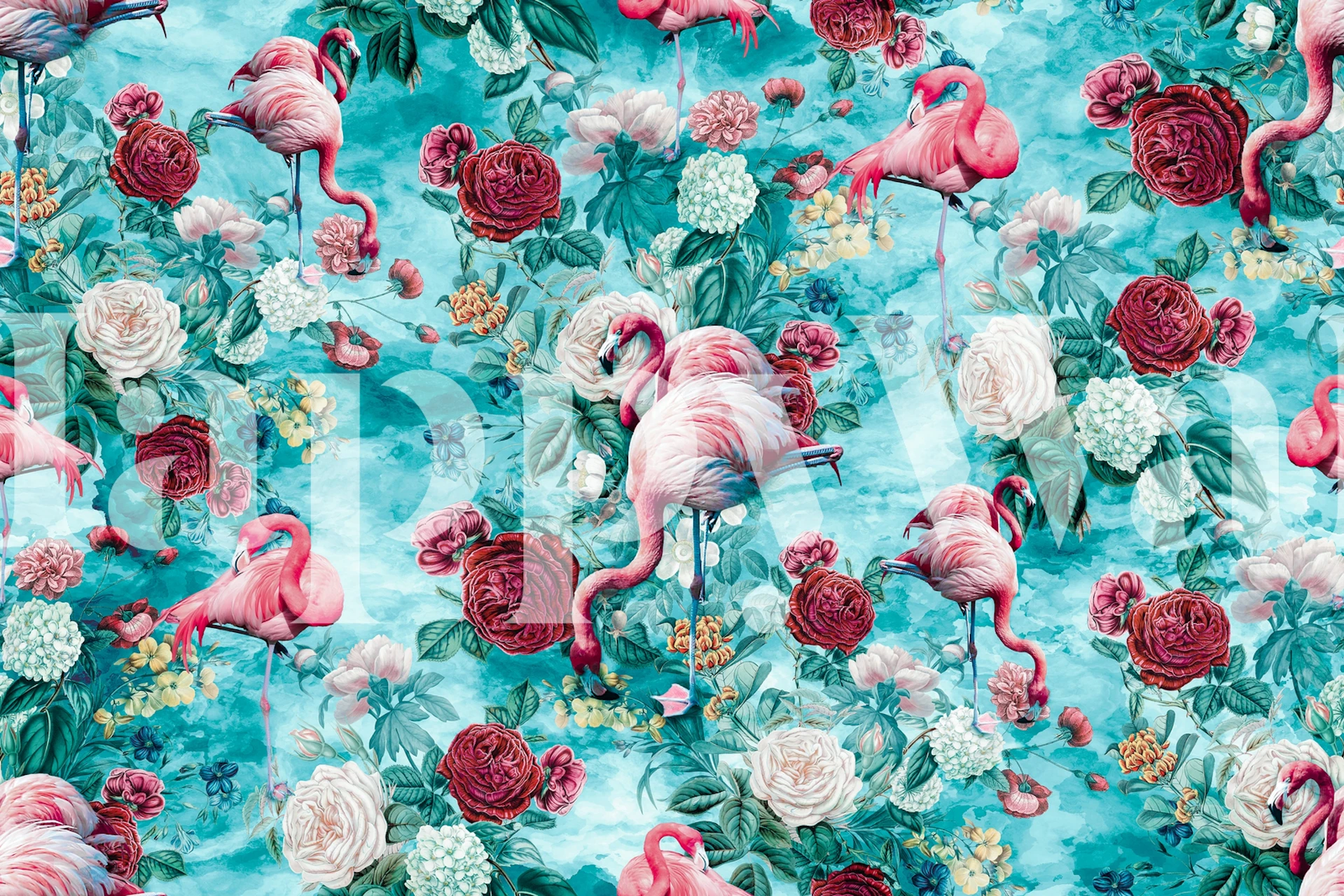 Filamingos wall mural with pink flamingos and botanicals