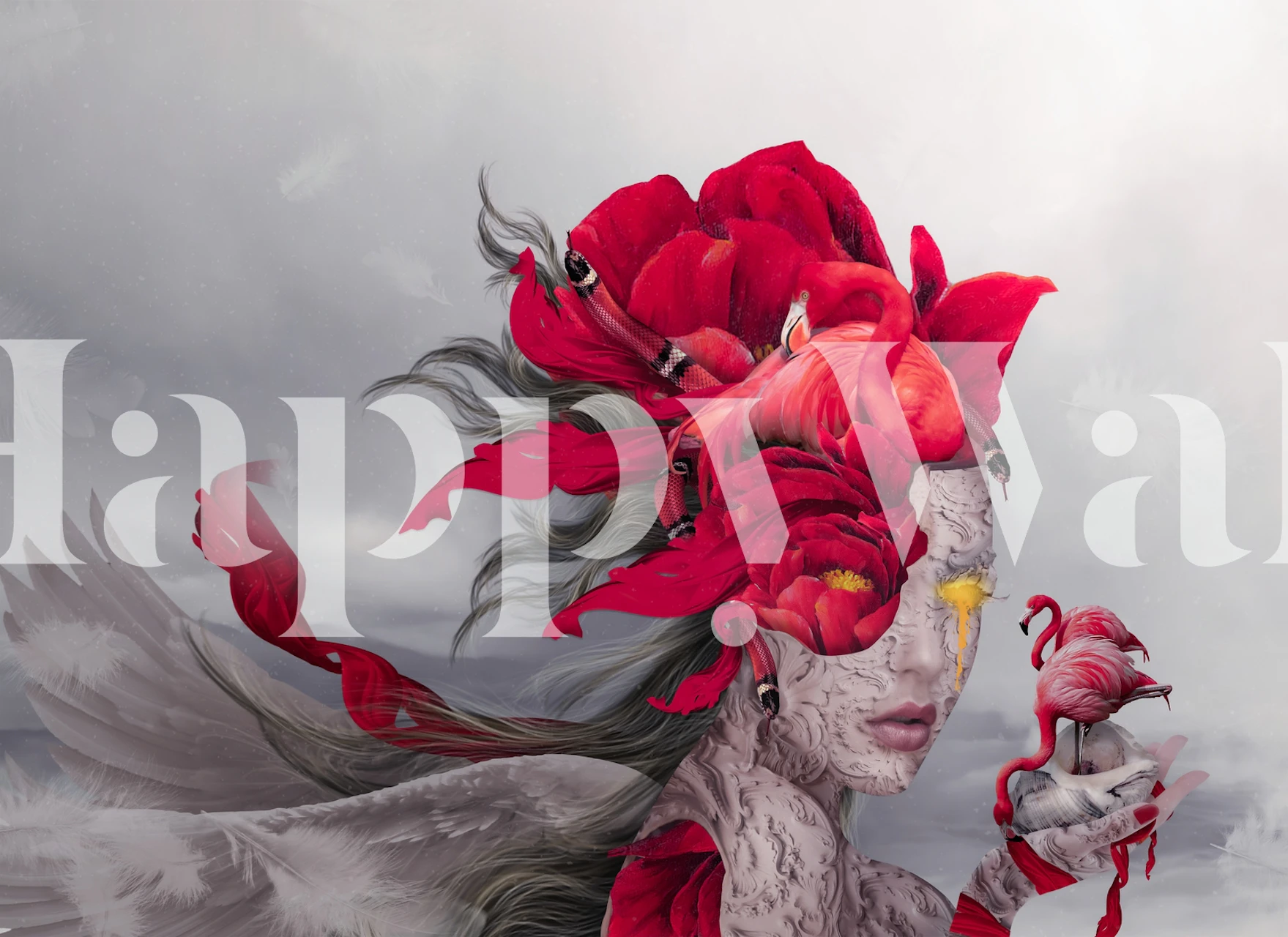 Flamingo Queen wallpaper featuring a woman with floral elements and flamingo, red colors, modern design