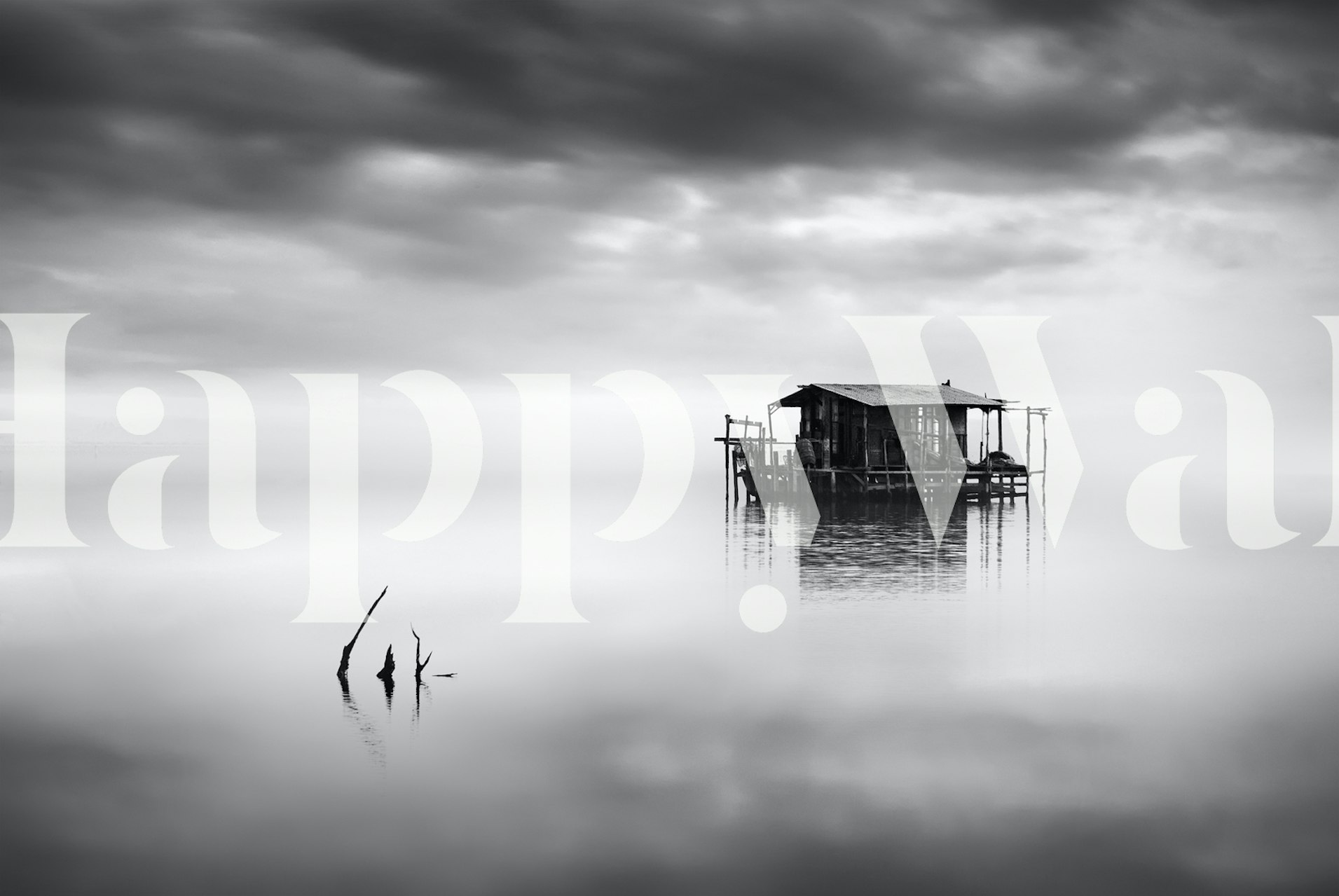 Surrealistyczna monochromatyczna fototapeta przedstawiająca izolowaną strukturę otoczoną wodą