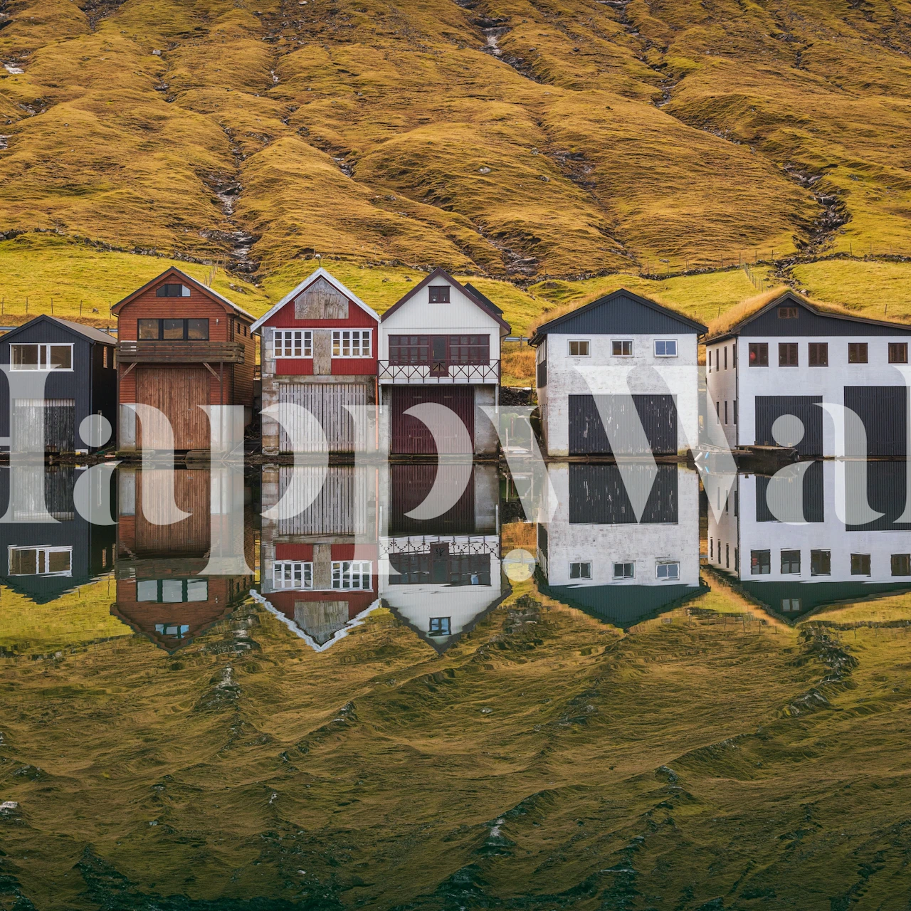 Fishing huts reflected on water with green background wallpaper