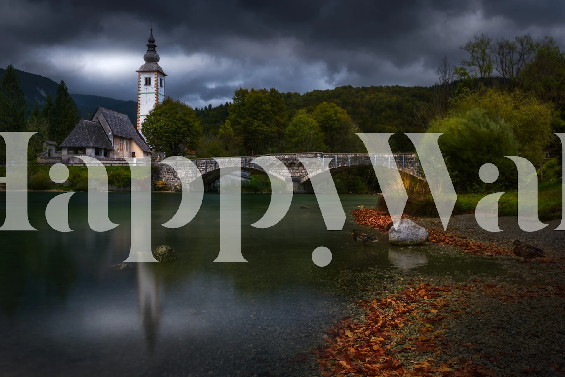 Scenic river and church landscape with dark clouds wallpaper