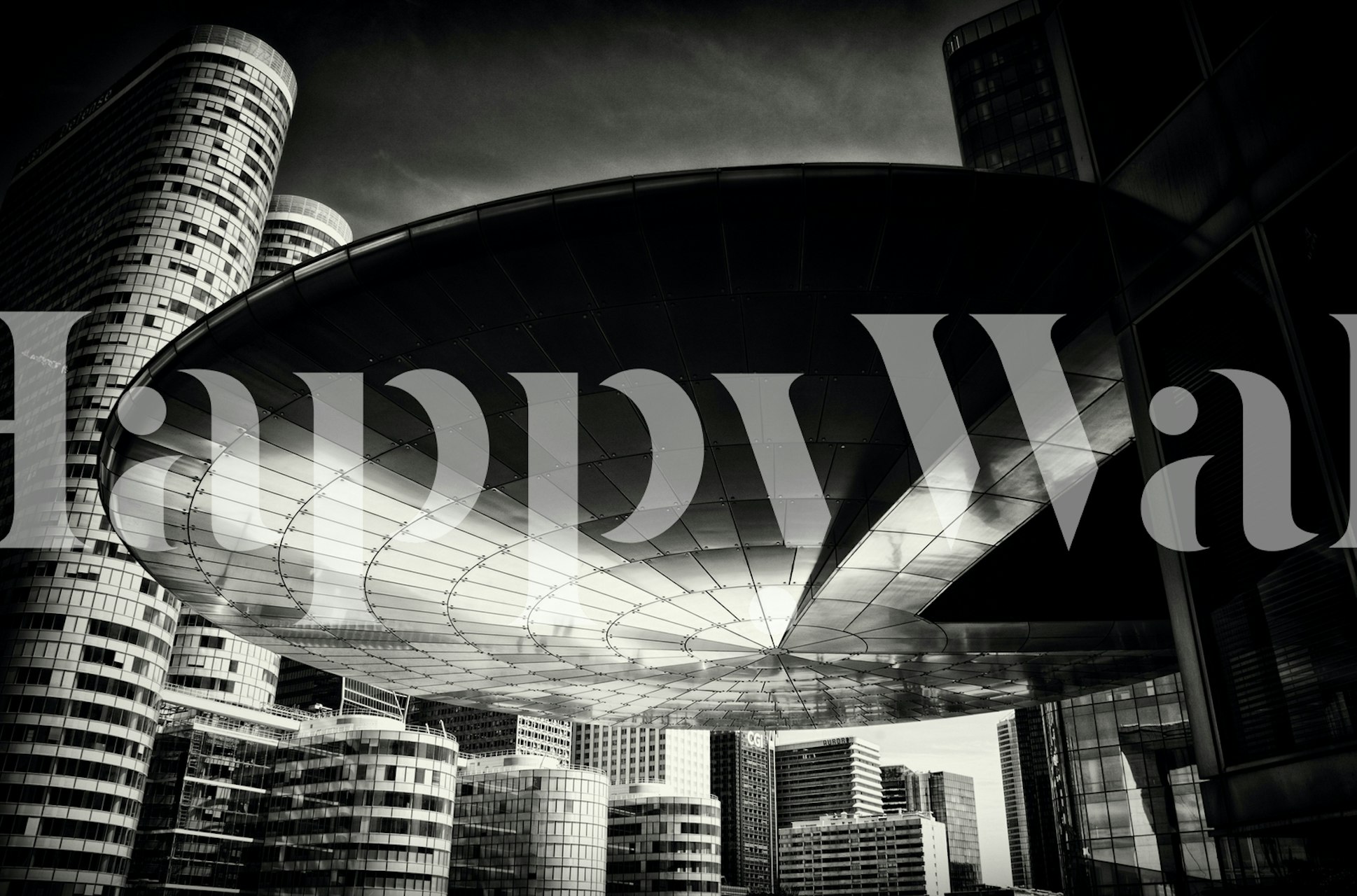 Black and white modern architecture wallpaper with sleek curves and angular buildings