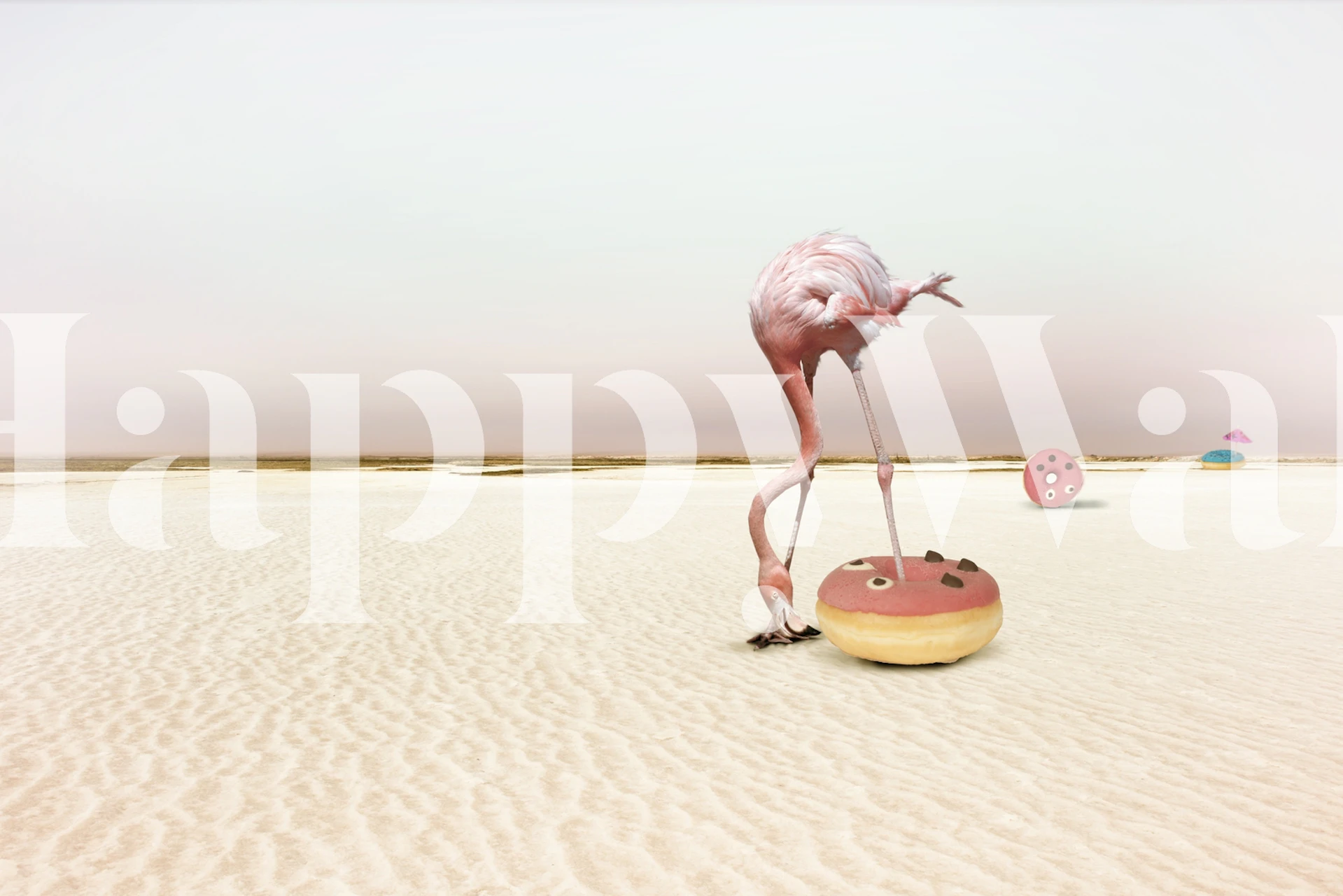 Flamingo standing on a donut with a sandy background wallpaper