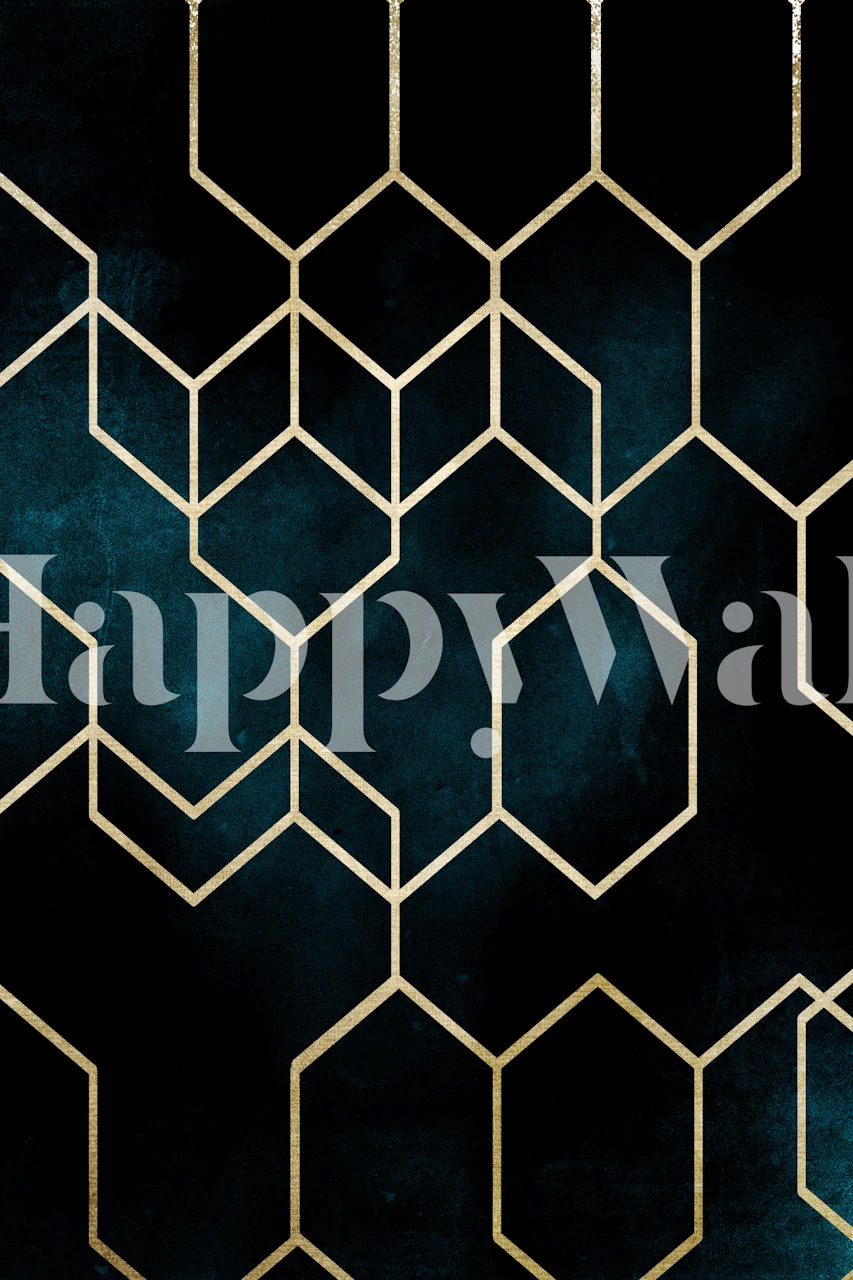 Gold geometric hexagonal pattern on dark teal wallpaper