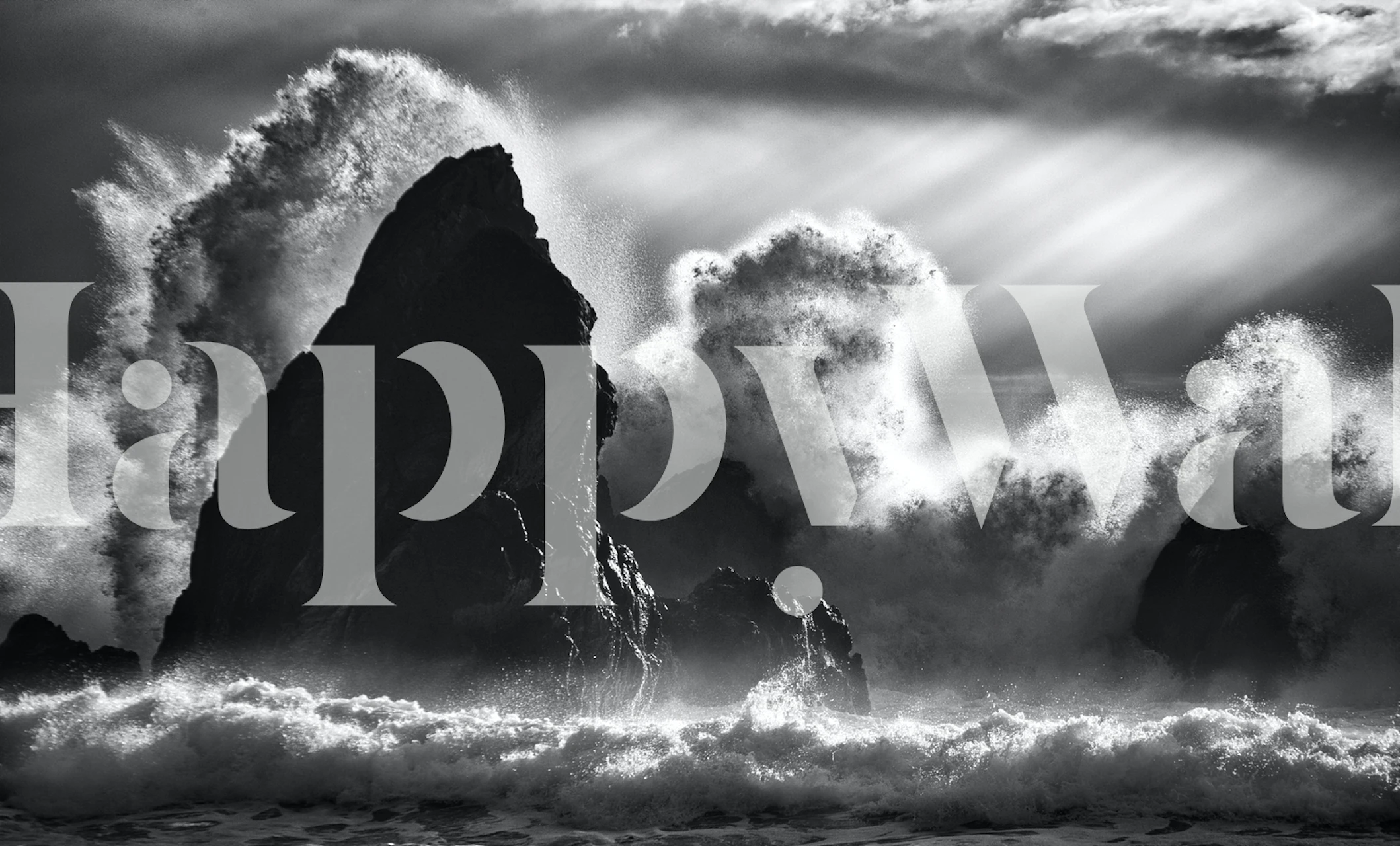 Monochrome wall mural of towering ocean waves with a dramatic sky