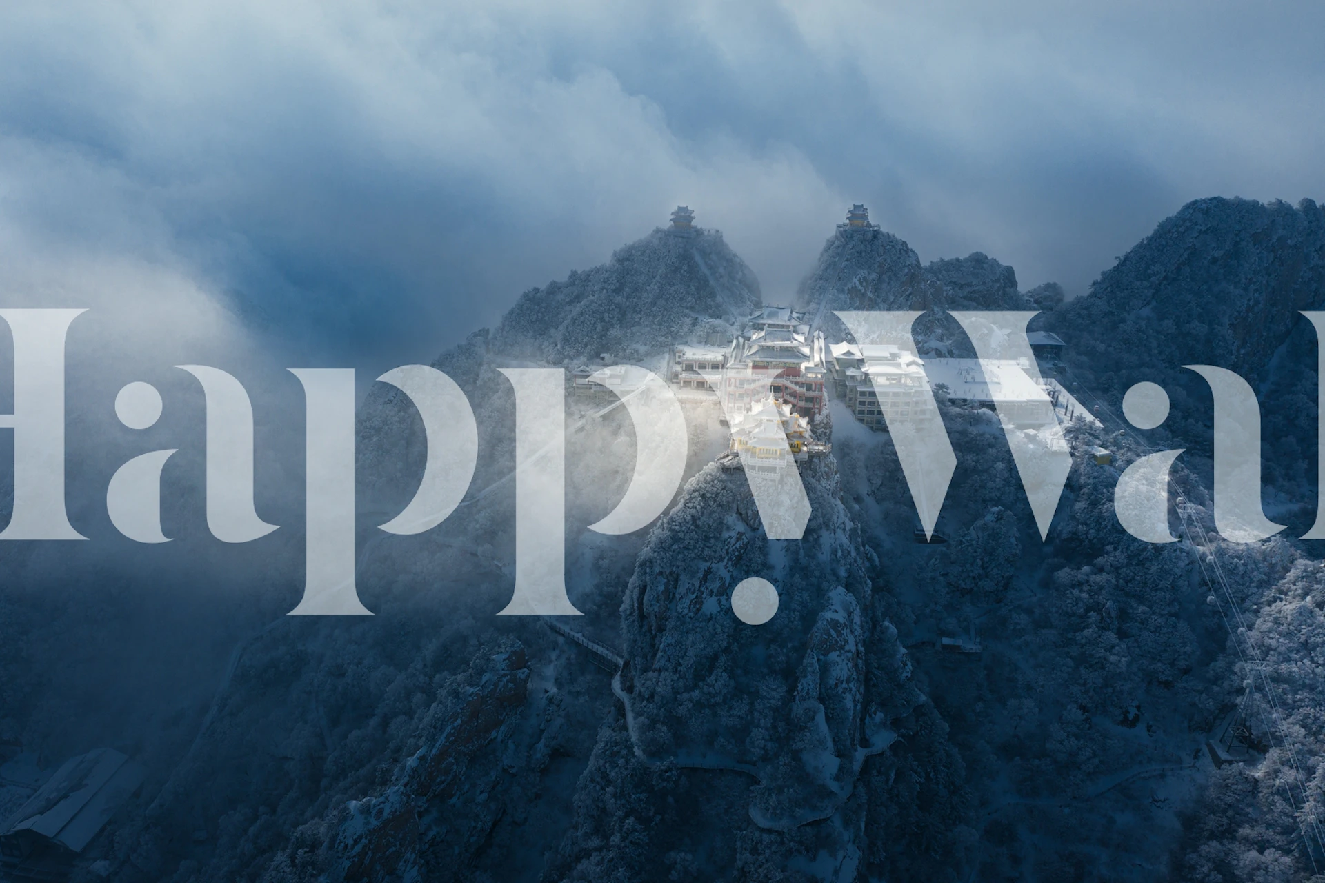 Mountain temple surrounded by mist, grey and white tones, wallpaper