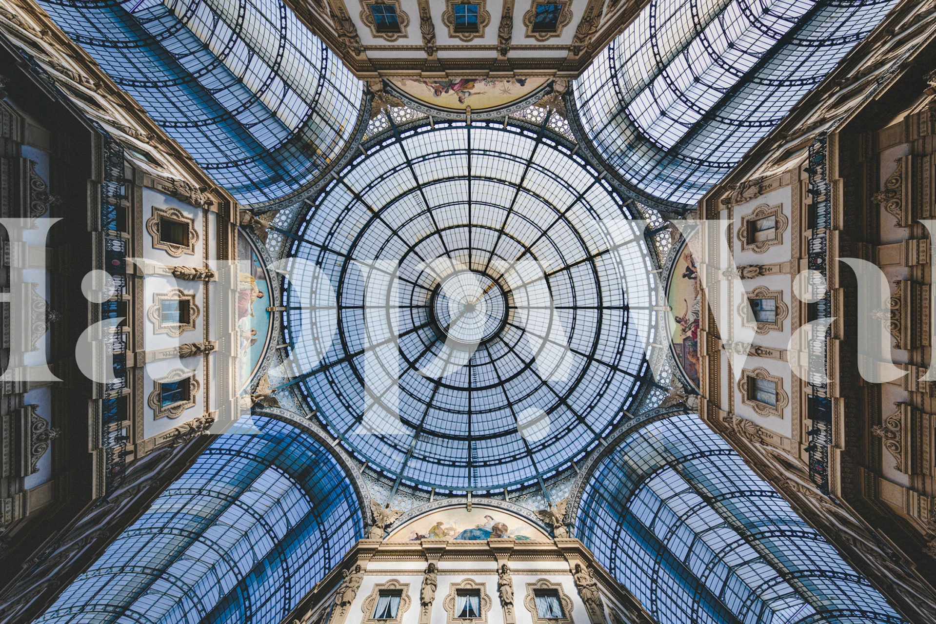 Architectural ceiling design with circular glass pattern wallpaper