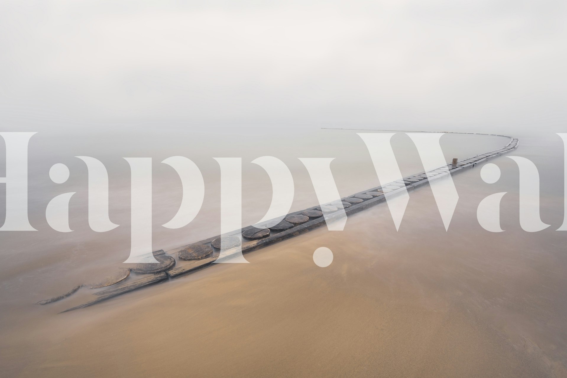 Coastal beach landscape with wooden pier and smooth water wallpaper