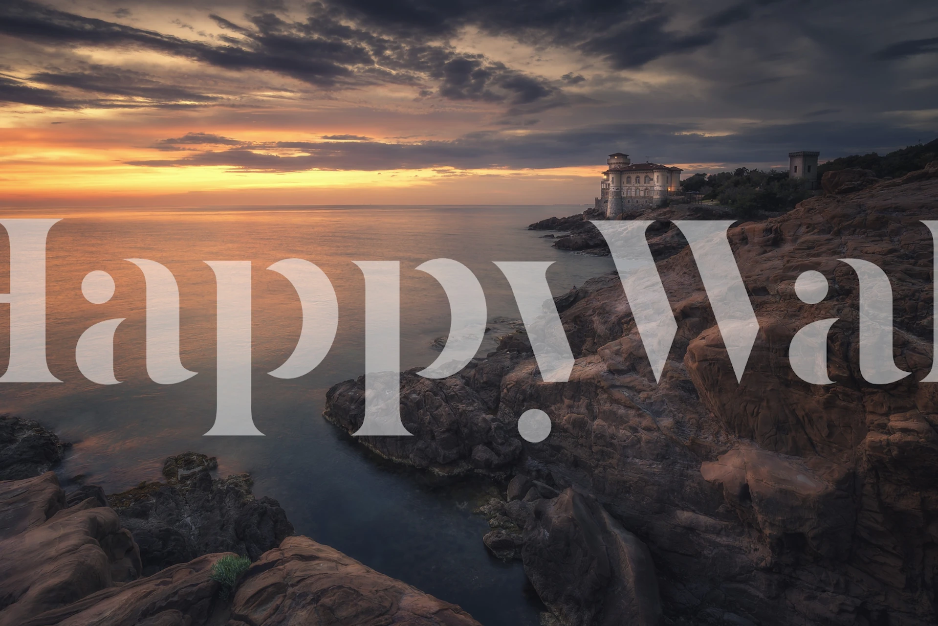 Coastal landscape with rocky shore and sunset colors wallpaper