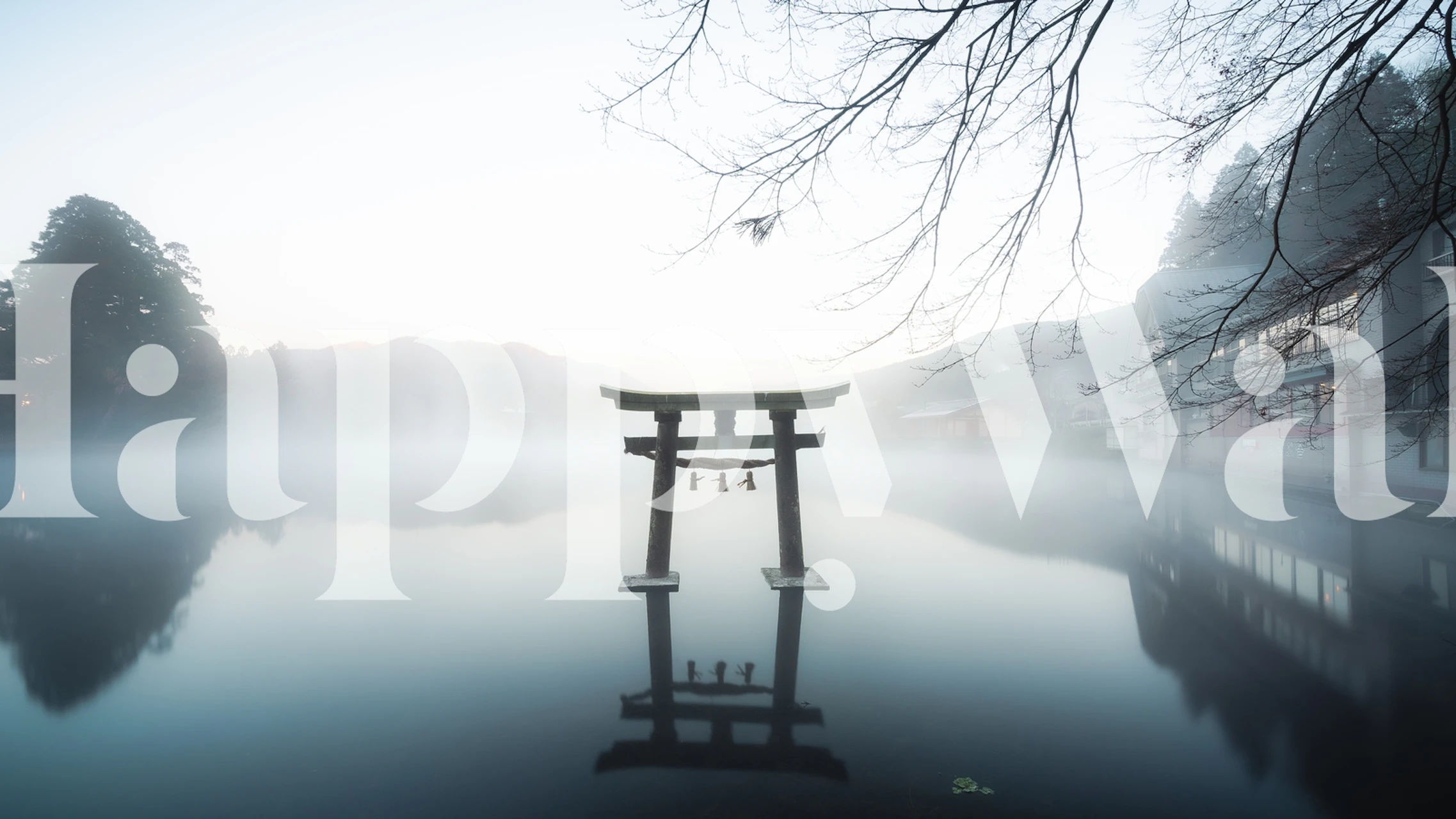 Japanese torii gate in misty water landscape wallpaper