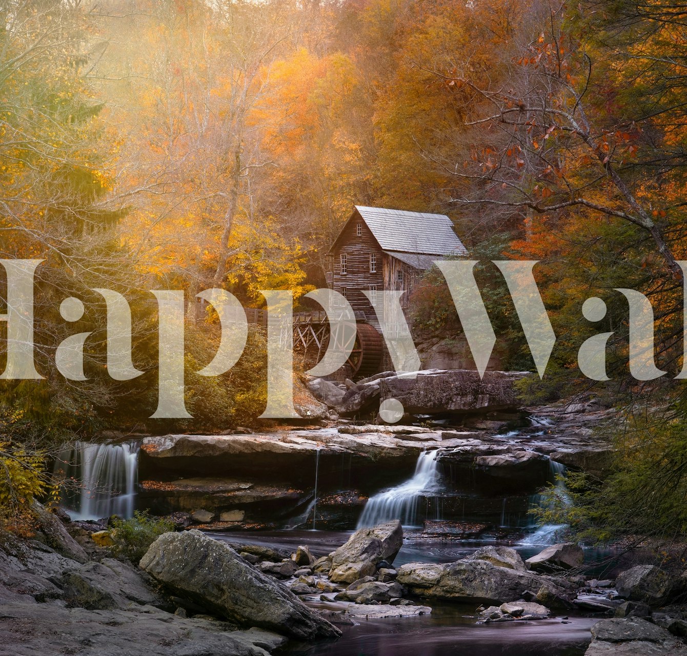 Autumnal scene wall mural with an old mill and waterfall