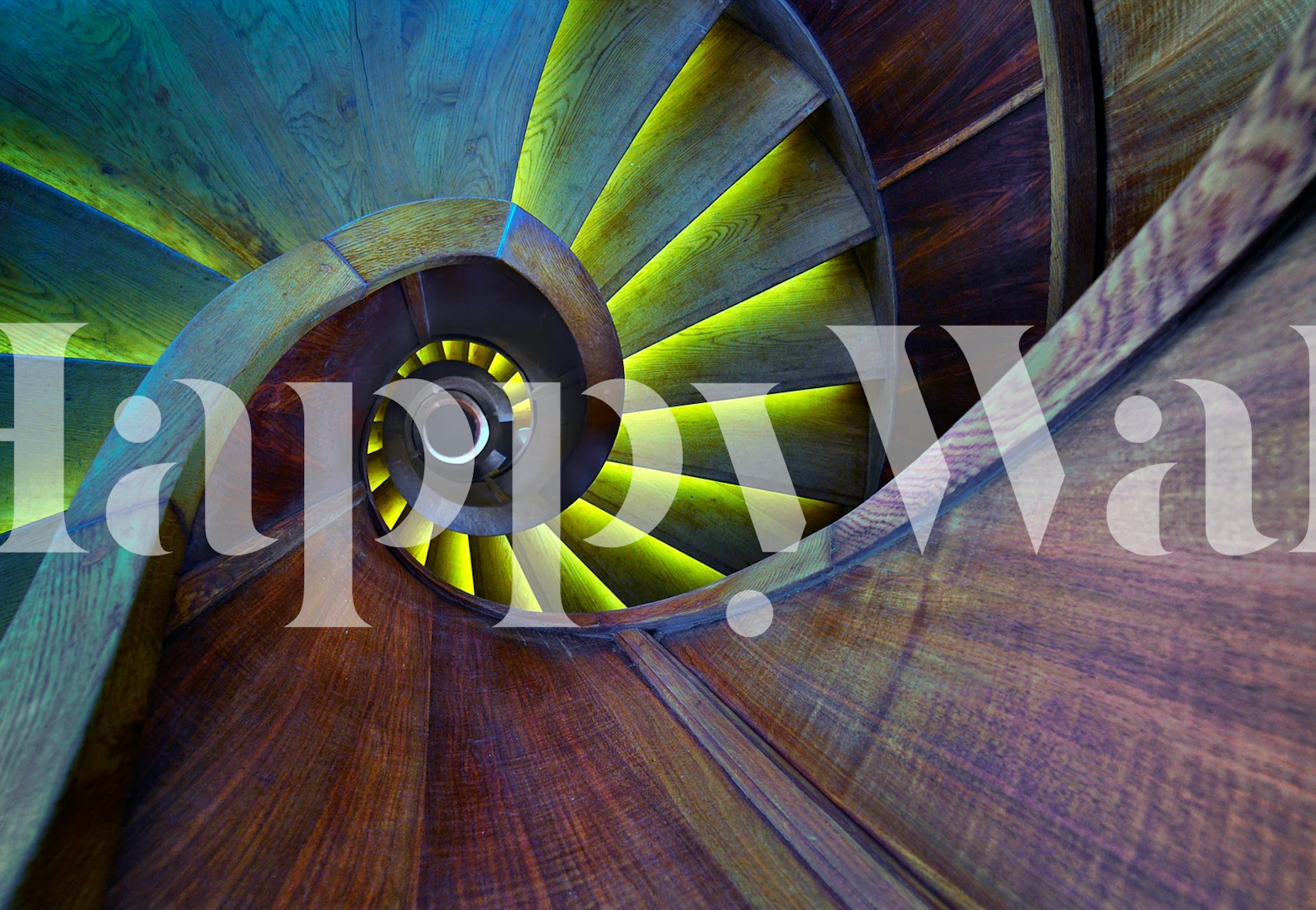 Spiral staircase design in wood with vibrant colors wallpaper