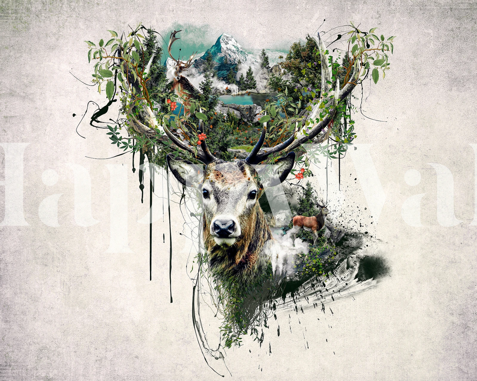 Artistic wall mural of a deer with a forest landscape incorporated in its antlers on a textured background
