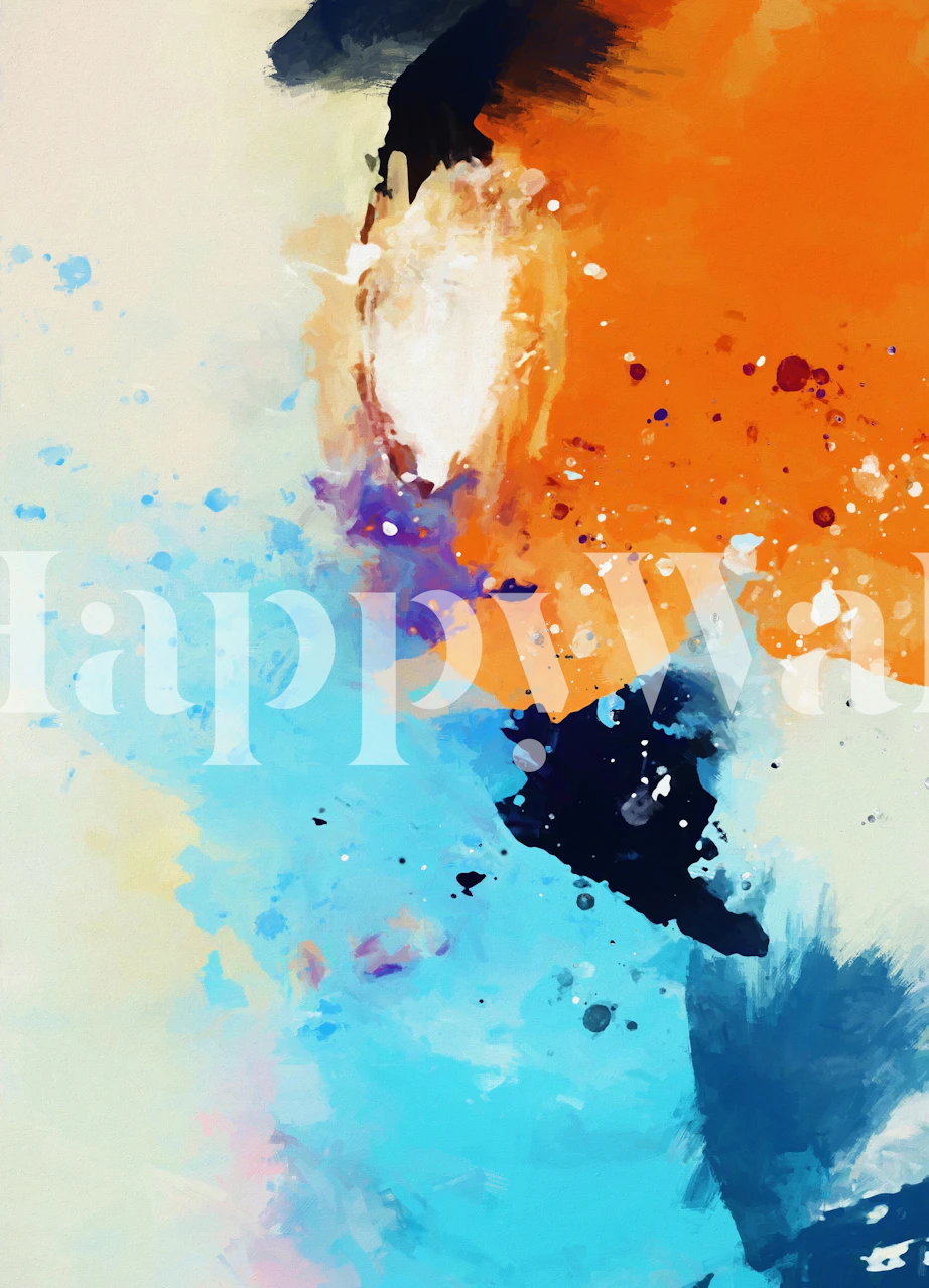 Colorido mural de pared de arte abstracto con azules, naranjas y blancos vibrantes en una composición fluida