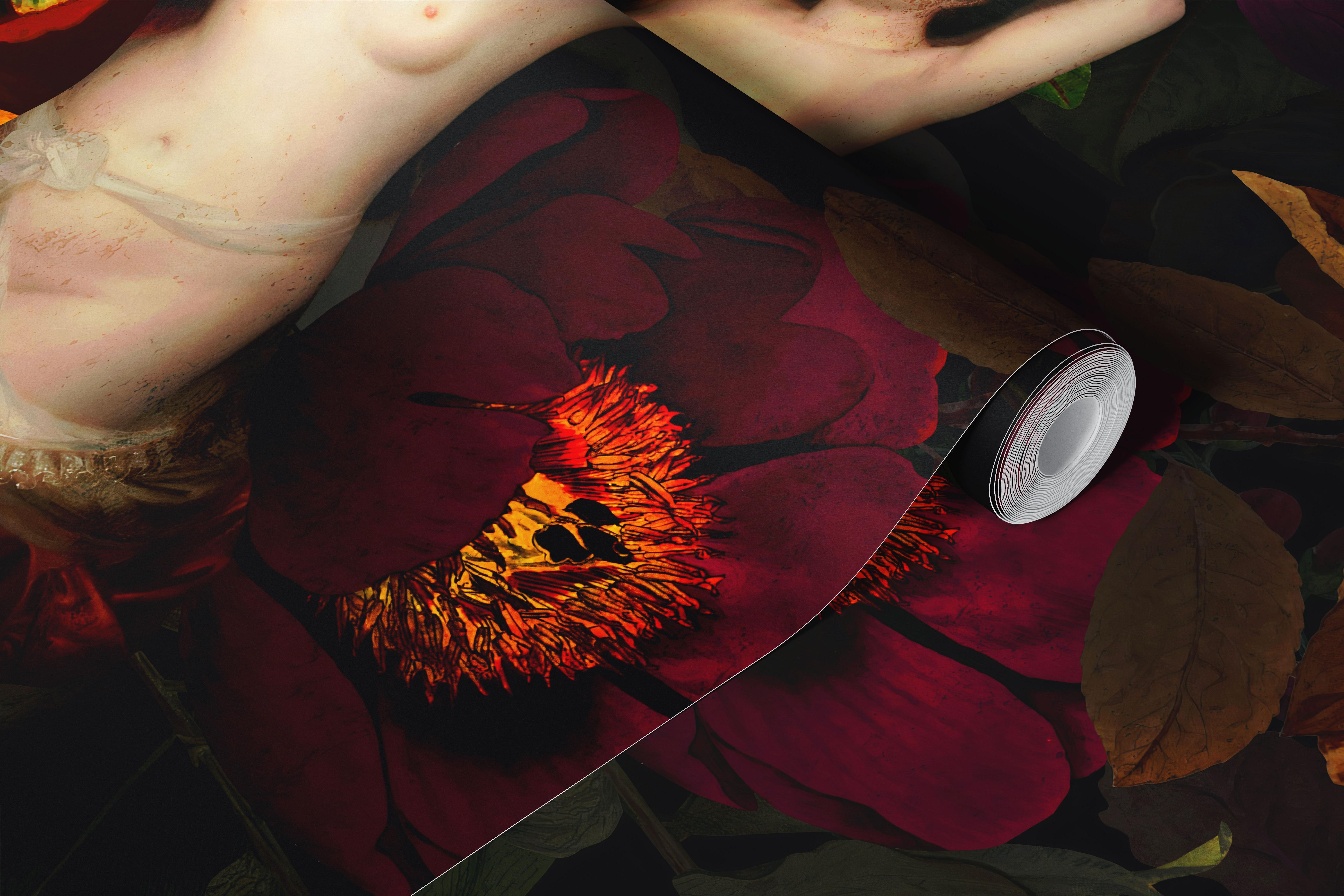 Baroque Venus floral wallpaper in a dark room