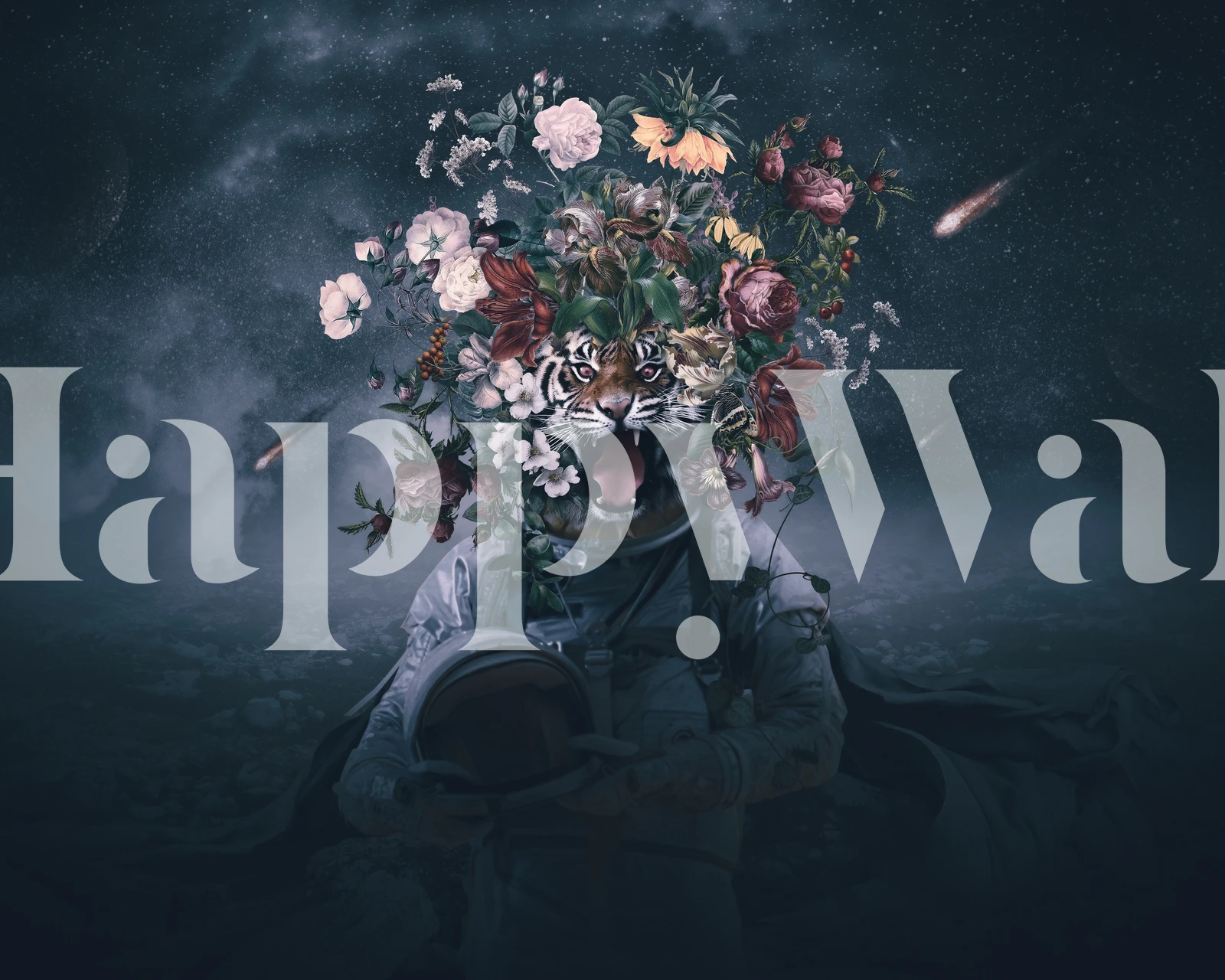Astronaut with floral tiger head and space background wallpaper