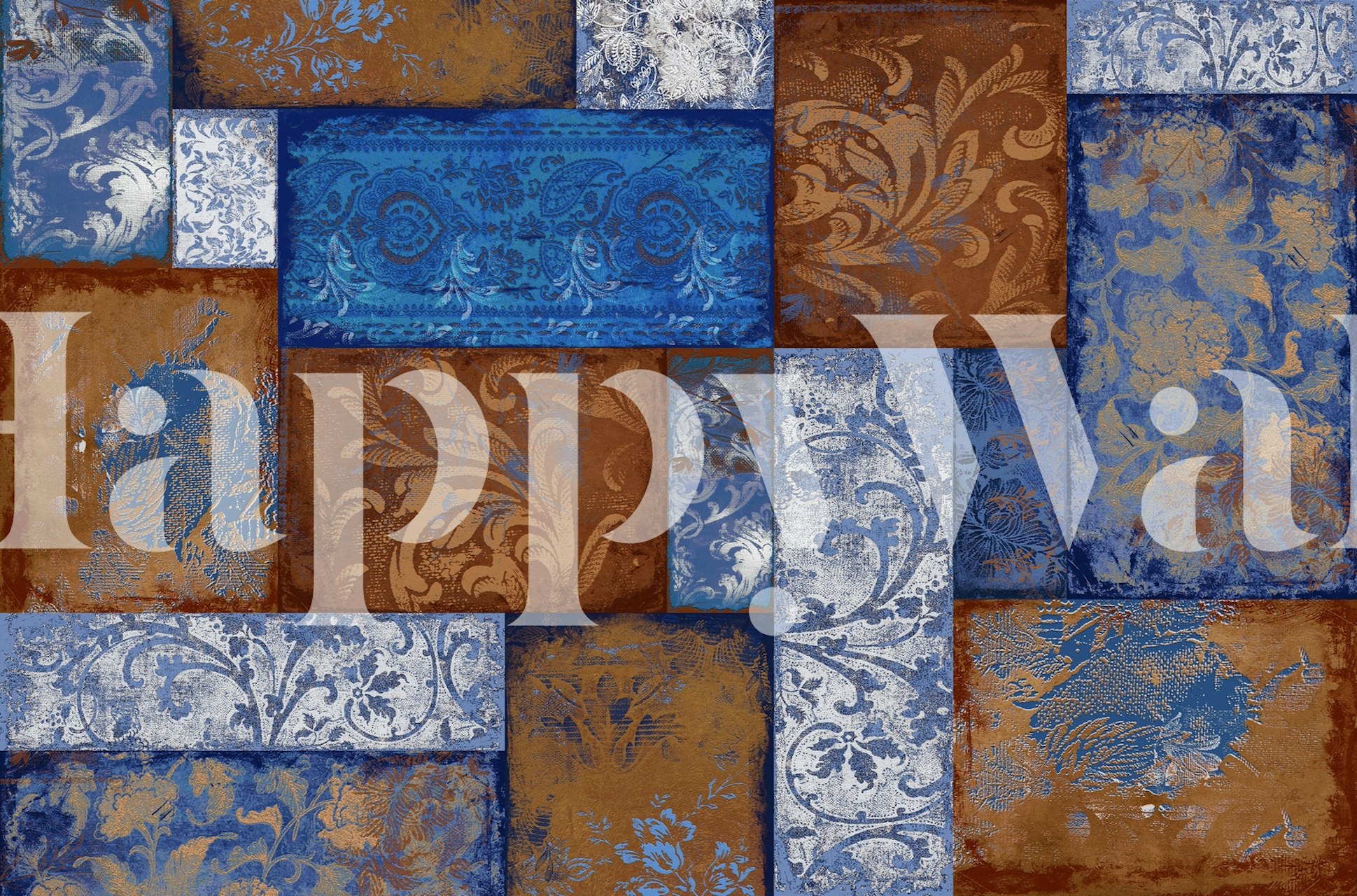 Bohemian Patchwork blue rust behang in een kamer