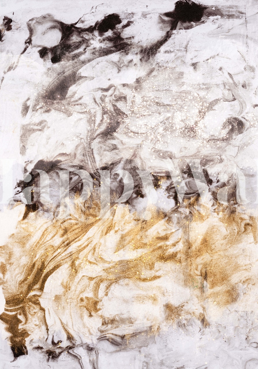 Black and gold swirling patterns on white marble wallpaper