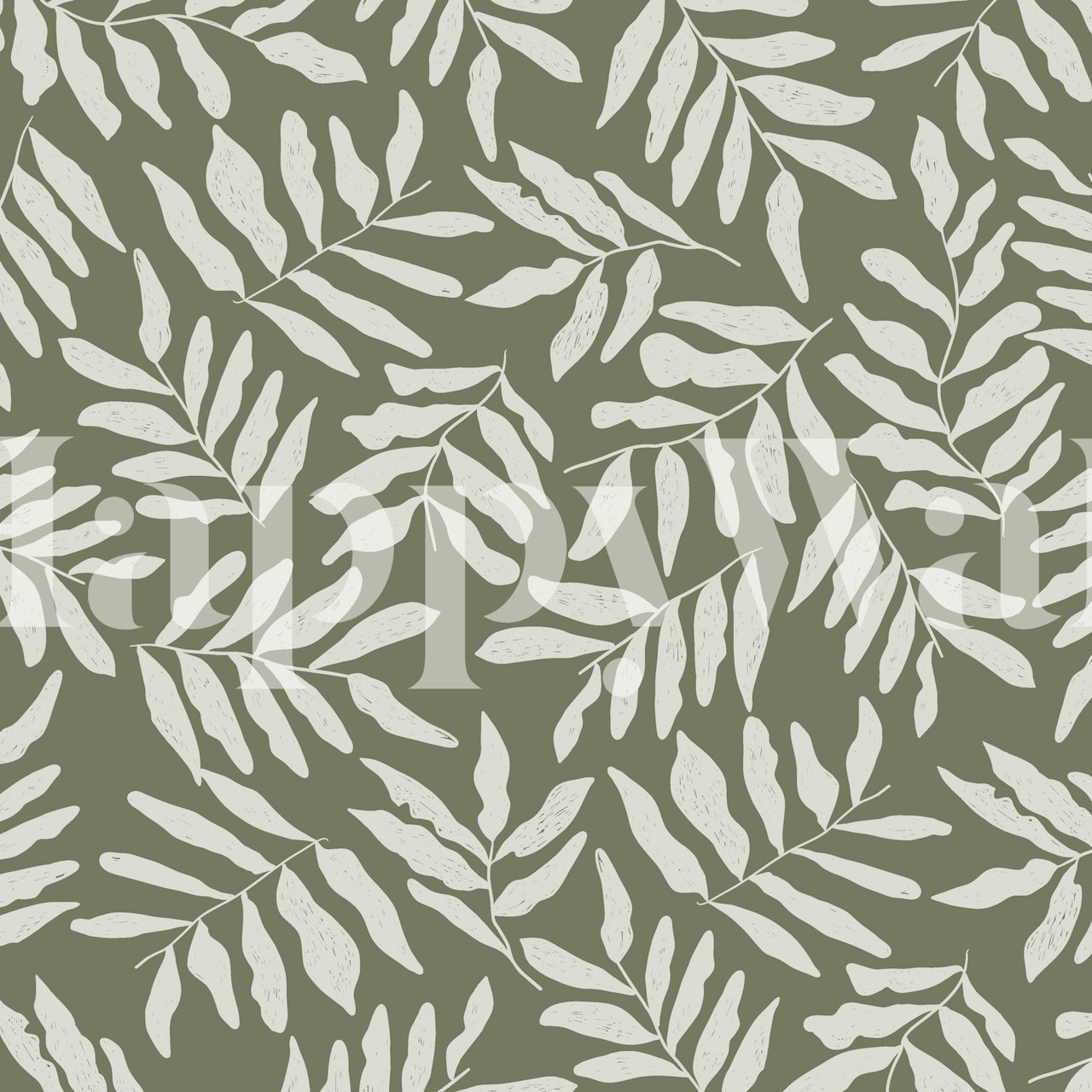 Olive green background with white leafy patterns wallpaper