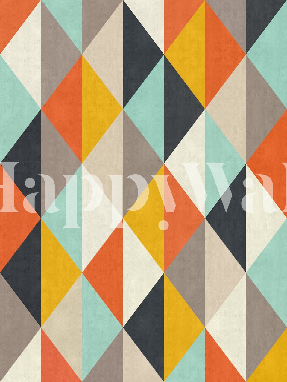 Geometrisches Wandbild „Colored Pattern IV“ mit leuchtenden Dreiecken in Orange, Blaugrün und Grau