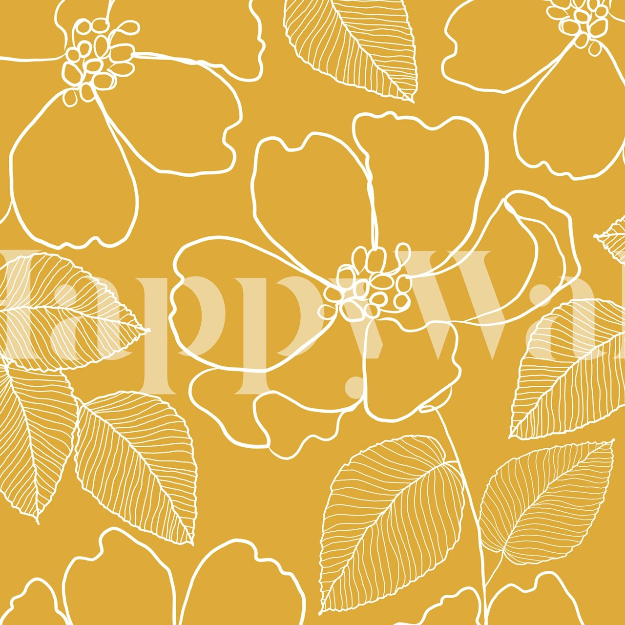 Yellow floral wallpaper with white outline design and leaf details