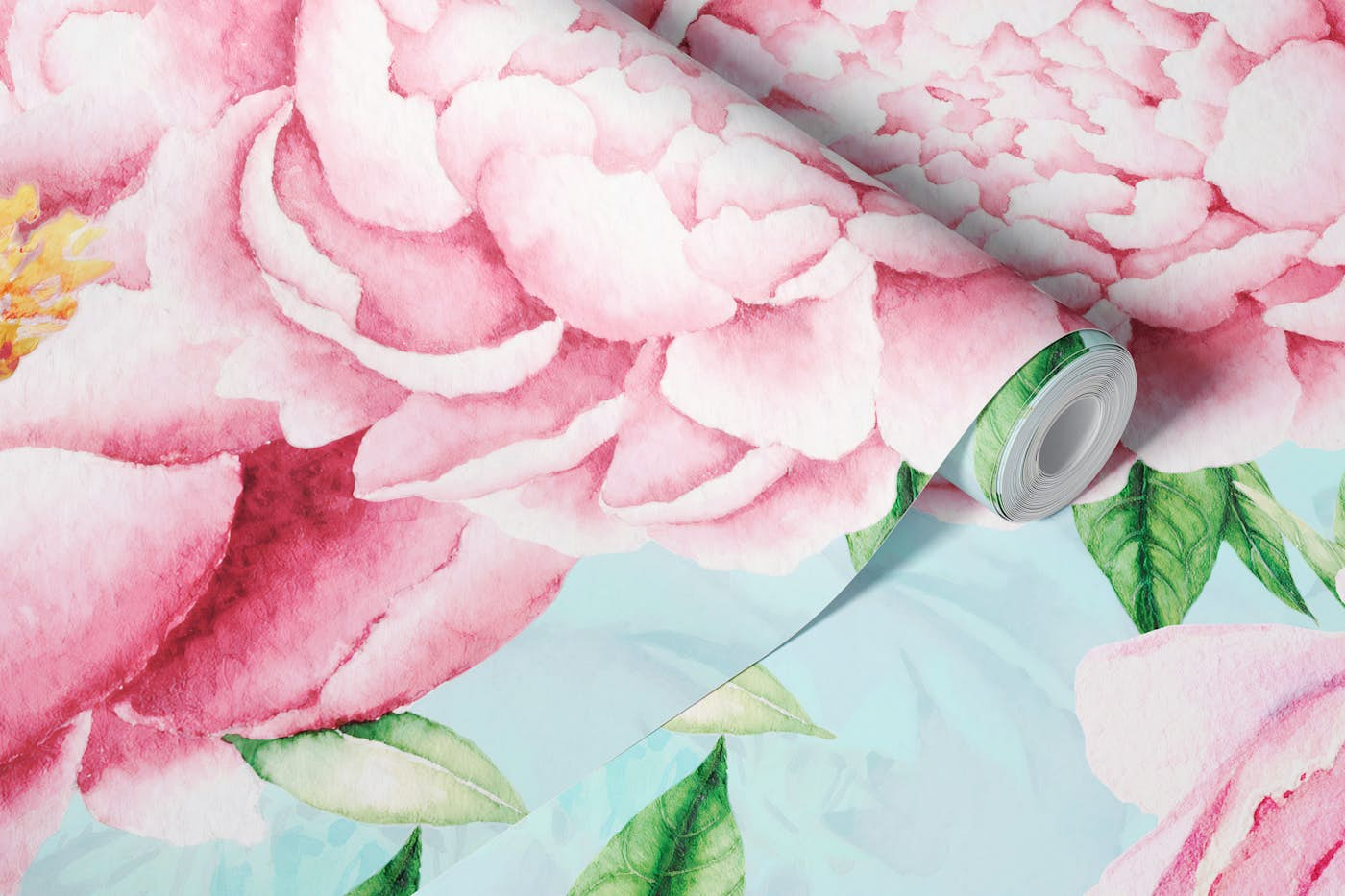 Pink Opulent Baroque Peonies On Turquoise wallpaper roll