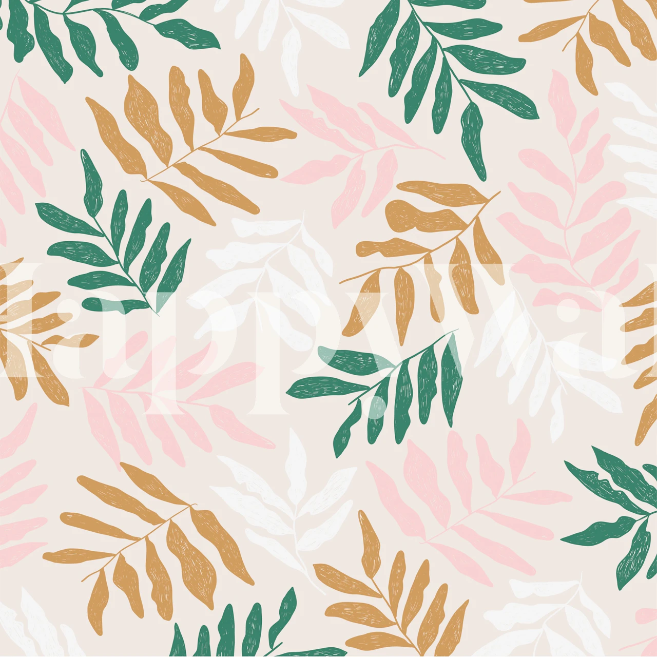 Tropical leaves in green, pink, and gold on light background wallpaper