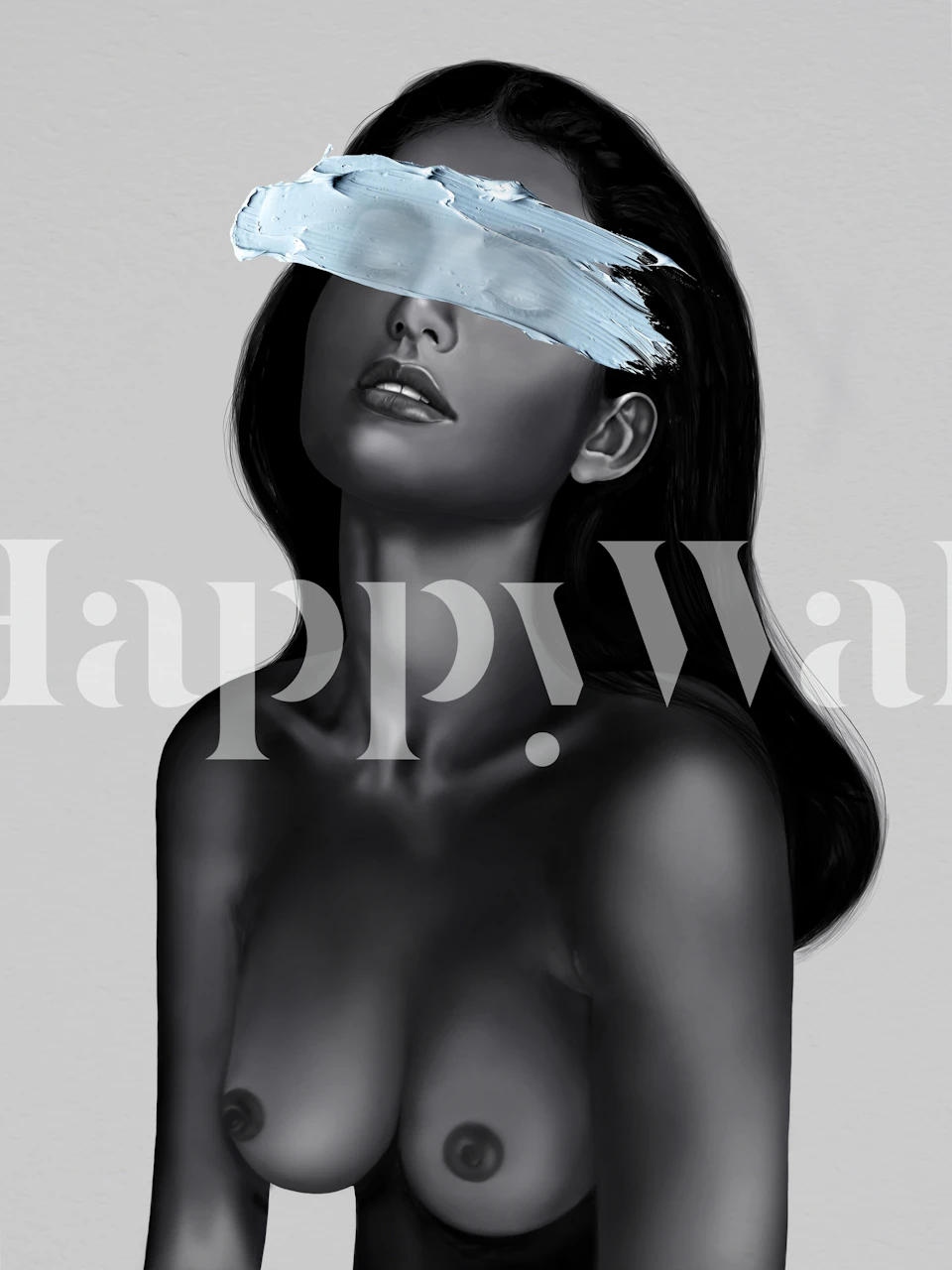 Black and white portrait artwork with abstract blue brushstrokes wallpaper