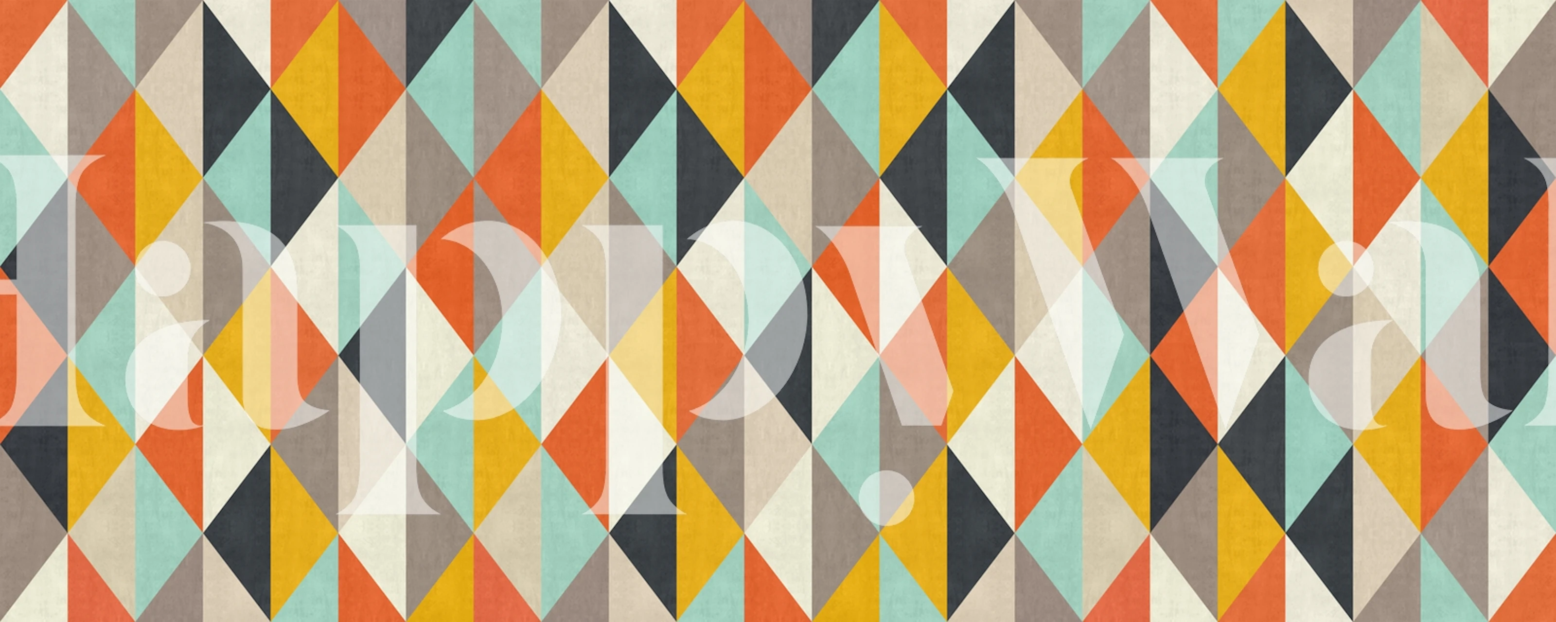 Colorful geometric pattern featuring triangles in orange, teal, and yellow wallpaper