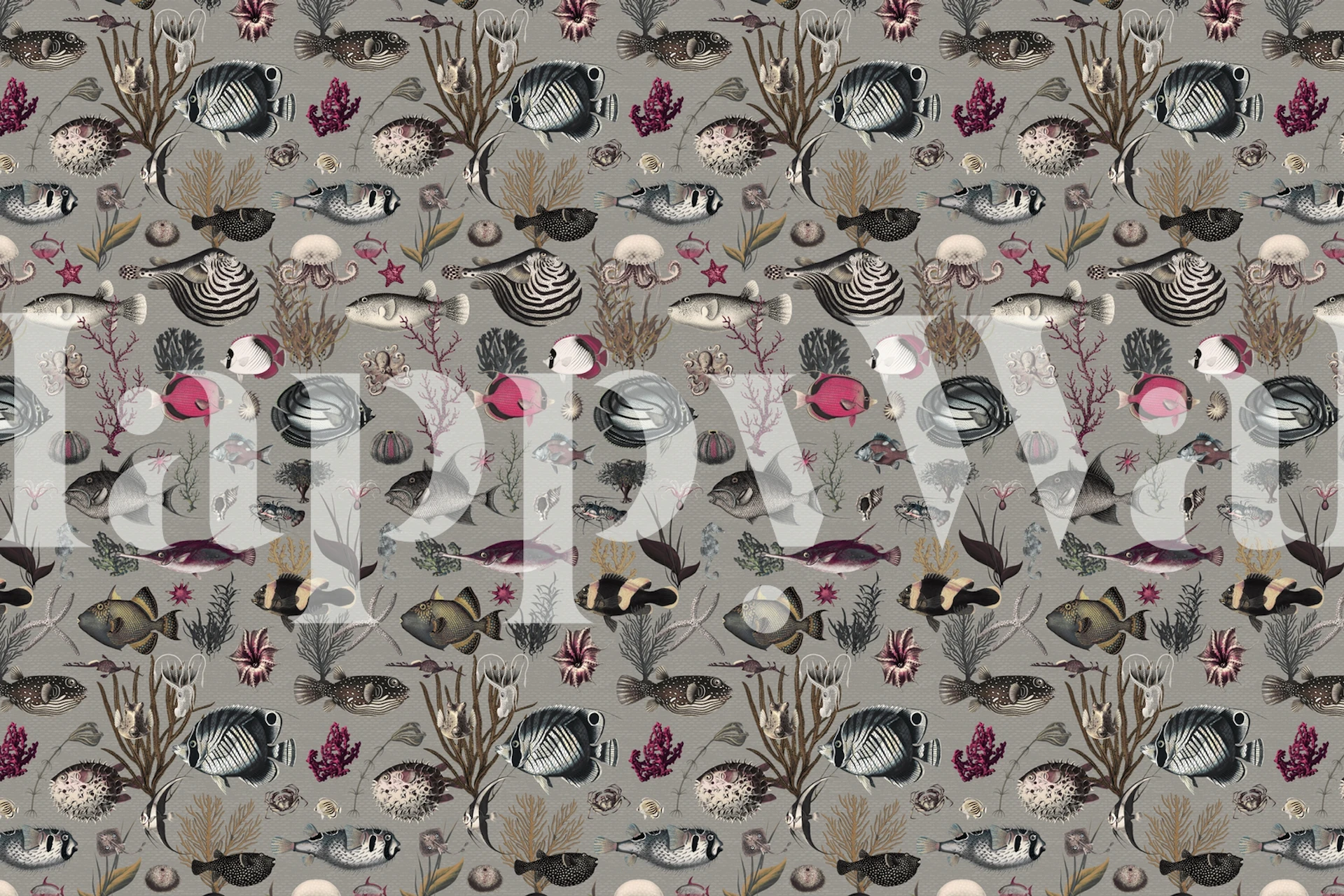 Abstract wall mural with grey, fuchsia, and olive patterns