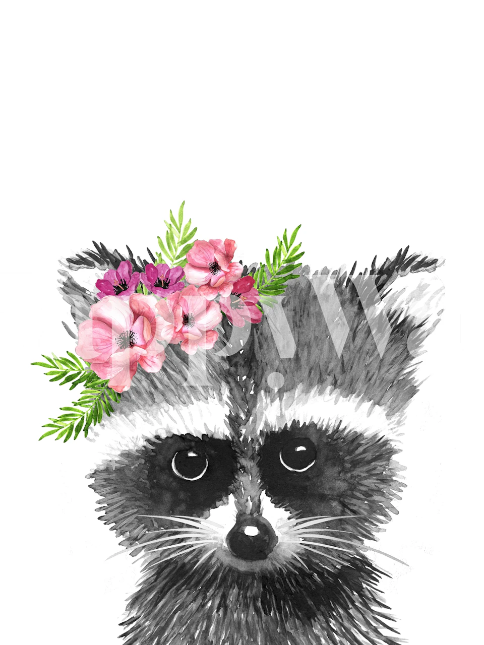 Ručno nacrtani rakun s krunom ružičastog cvijeta zidna slika