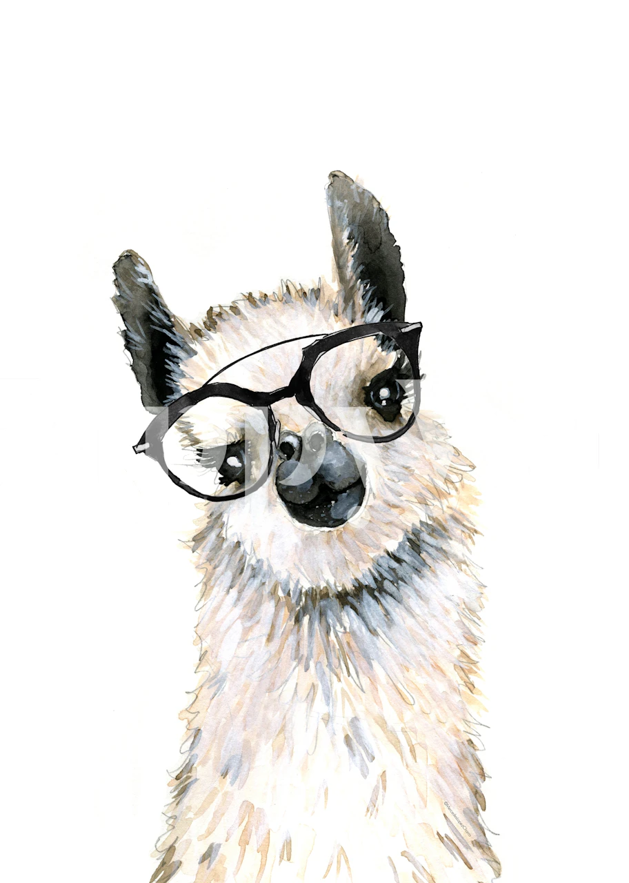 Watercolor illustration of a llama wearing glasses on a wall mural.