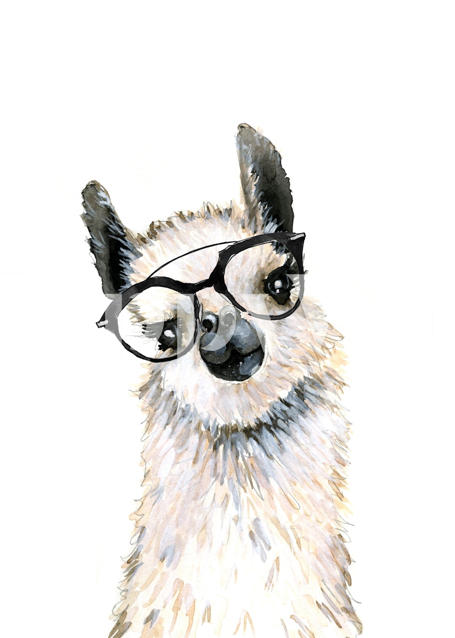 Watercolor illustration of a llama wearing glasses on a wall mural.