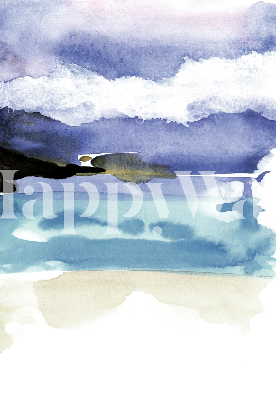 Watercolor ocean scene with blue waves and soft clouds wallpaper