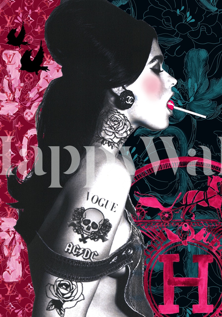 Mural de parede Lollipop Girl com tons escuros e detalhes em rosa apresentando um retrato estilizado de uma menina