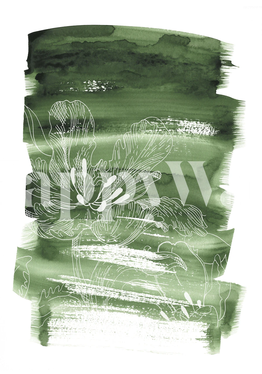 Floral peony design on green watercolor background wallpaper