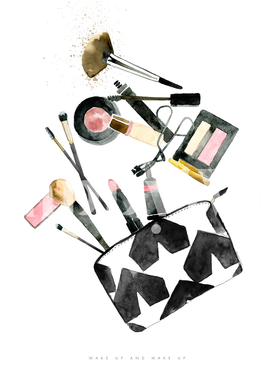 Ilustrativní fototapeta černobílé make-up taštičky s nejrůznějšími kosmetickými přípravky