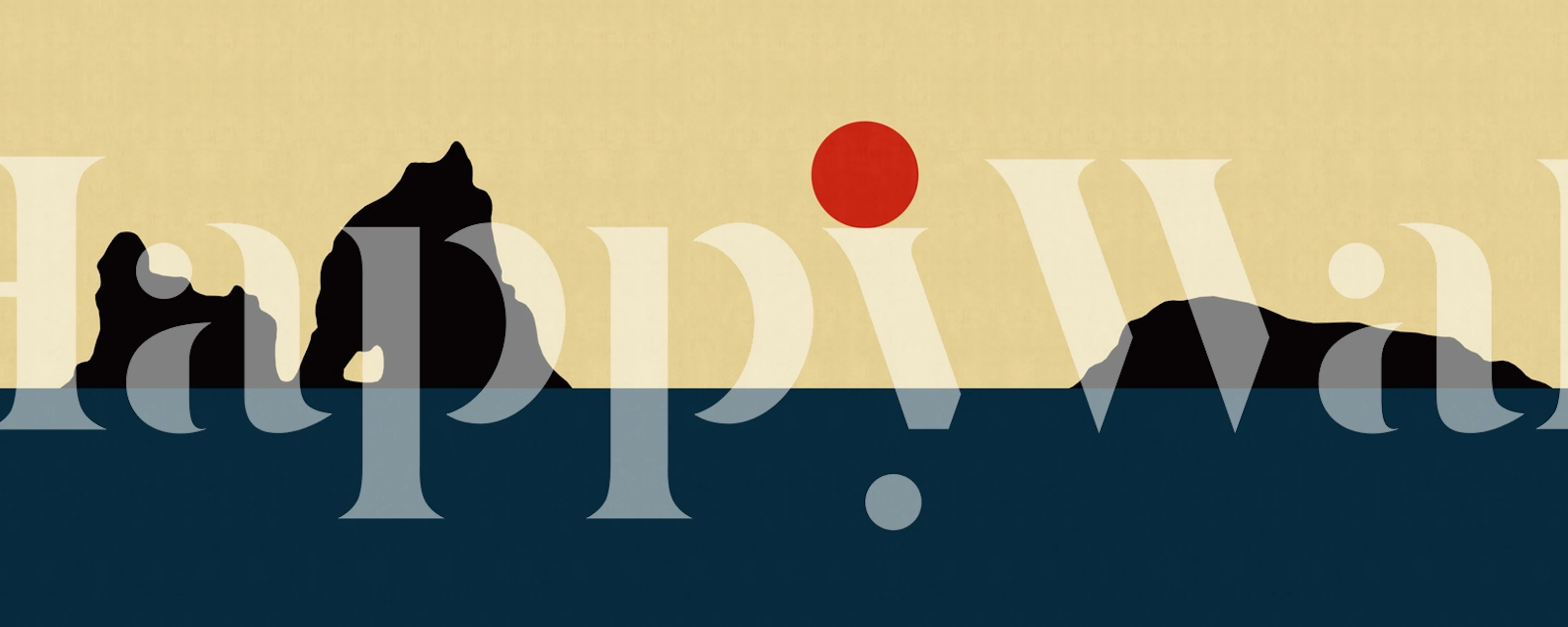 Silhouettes of rocks and ocean under a red sun, beige background wallpaper