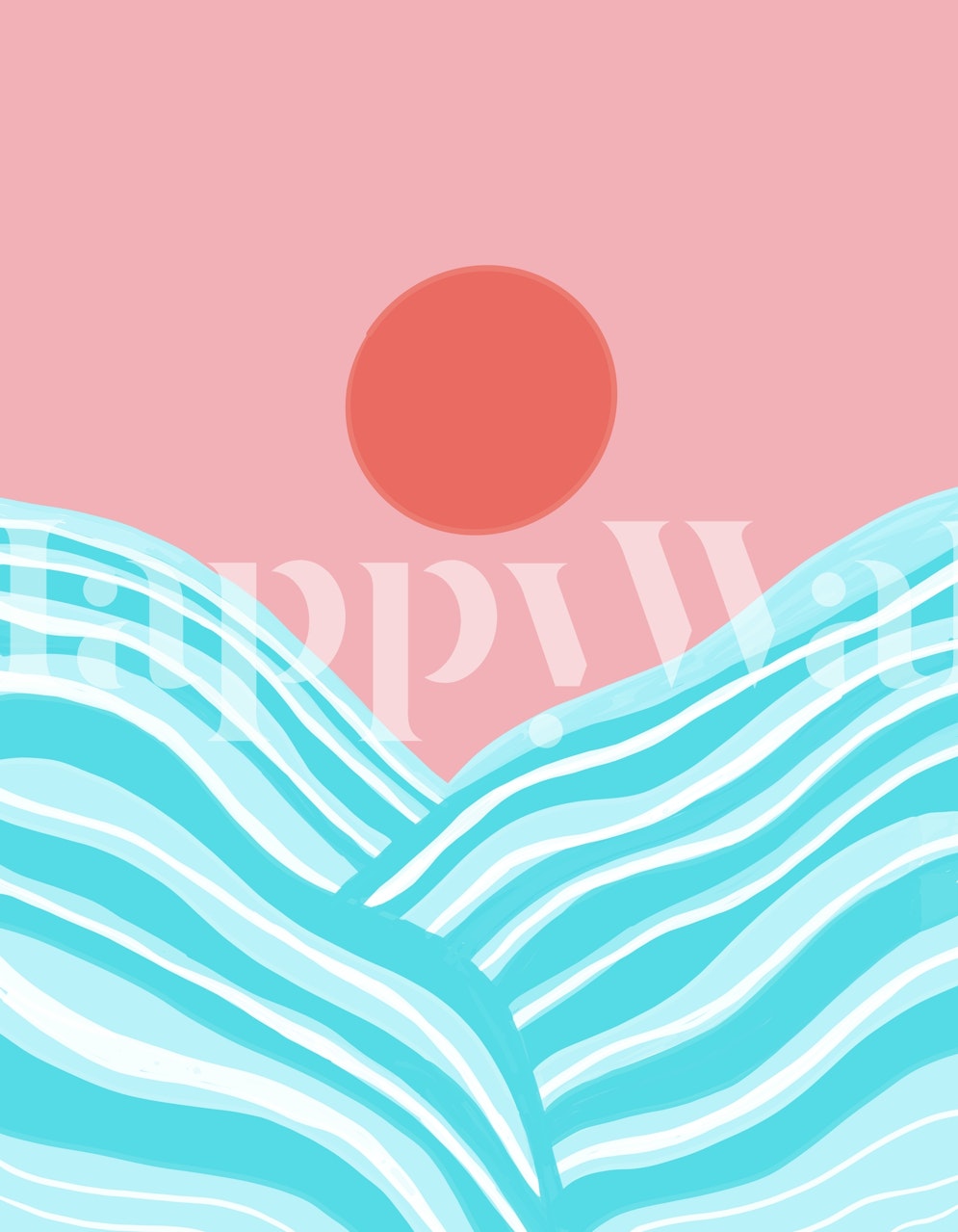 Abstract ocean waves in blue with a pink sky and minimalist sun wall mural