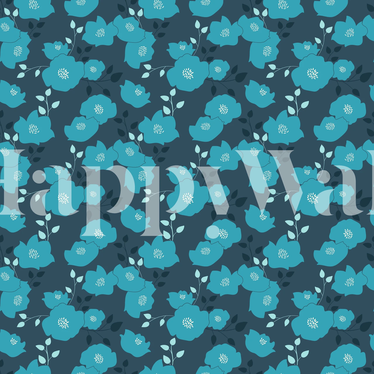 Moody big blue florals wallpaper in a room